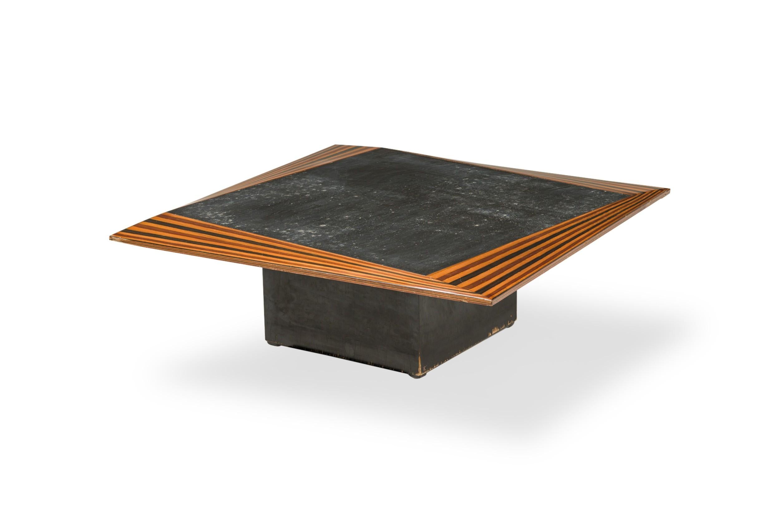 Italian Mid-Century Square Low coffee Table with a slate top having a geometric mixed inlaid wood border resting on a solid squre base (DASSI)

Base need some refinishing