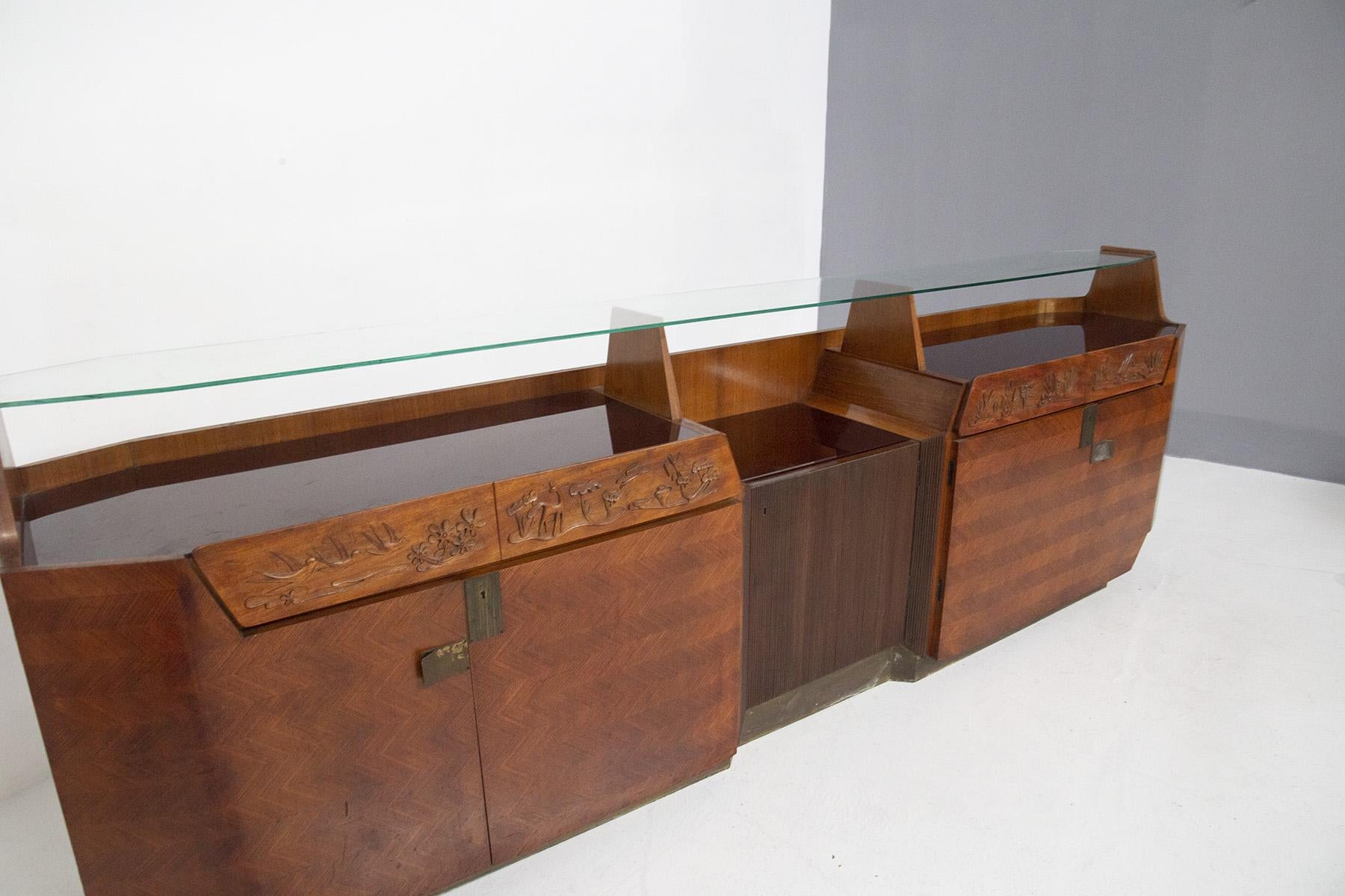 Mid-20th Century Dassi Modern Furniture Sideboard in Wood, Glass and Brass For Sale