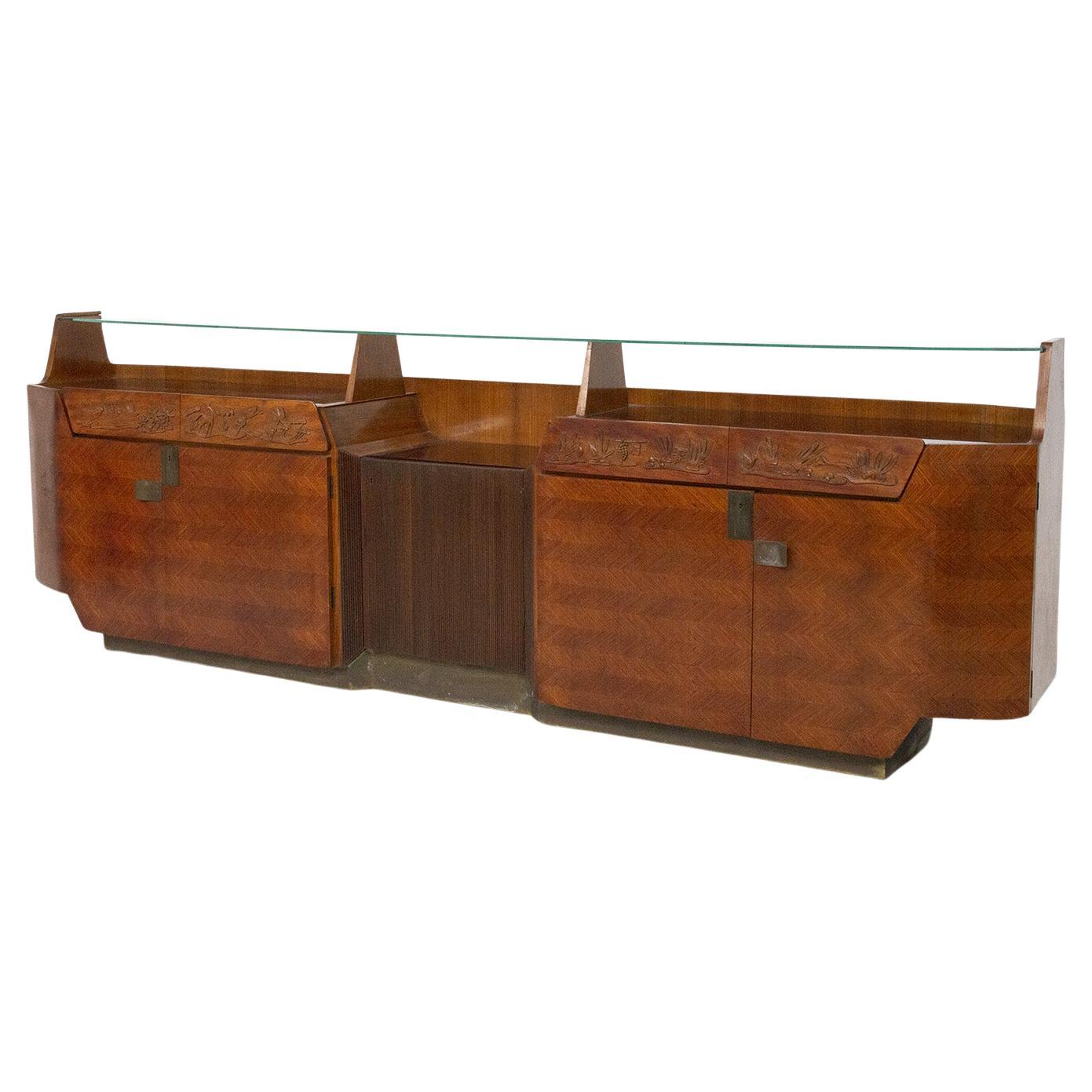 Dassi Modern Furniture Sideboard in Wood, Glass and Brass For Sale