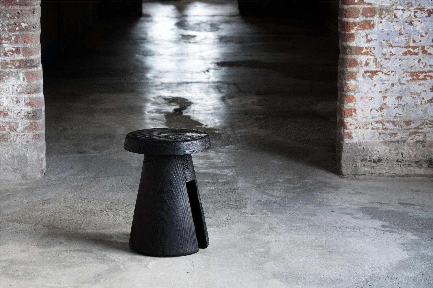 Data stool in solid Oregon by Atelier Thomas Serruys
Dimensions: H 44 x D 32cm 
Materials: A hand turned stool in solid oregon. 

A hand turned stool in solid oregon. Trapezoid shaped base with rectangular void, topped by a soft edged circular