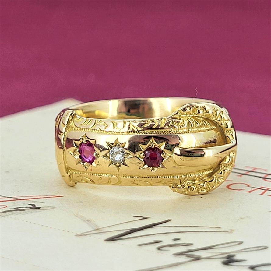 Victorian Date 1898! Ruby & Diamond Buckle Ring For Sale