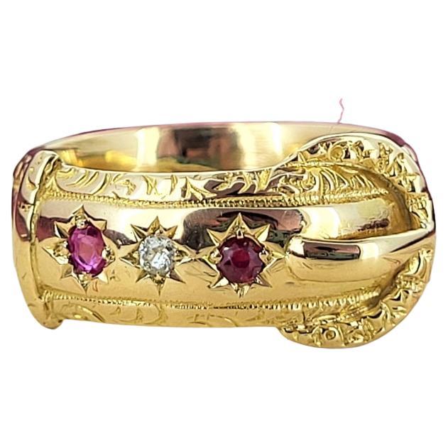 Date 1898! Ruby & Diamond Buckle Ring For Sale