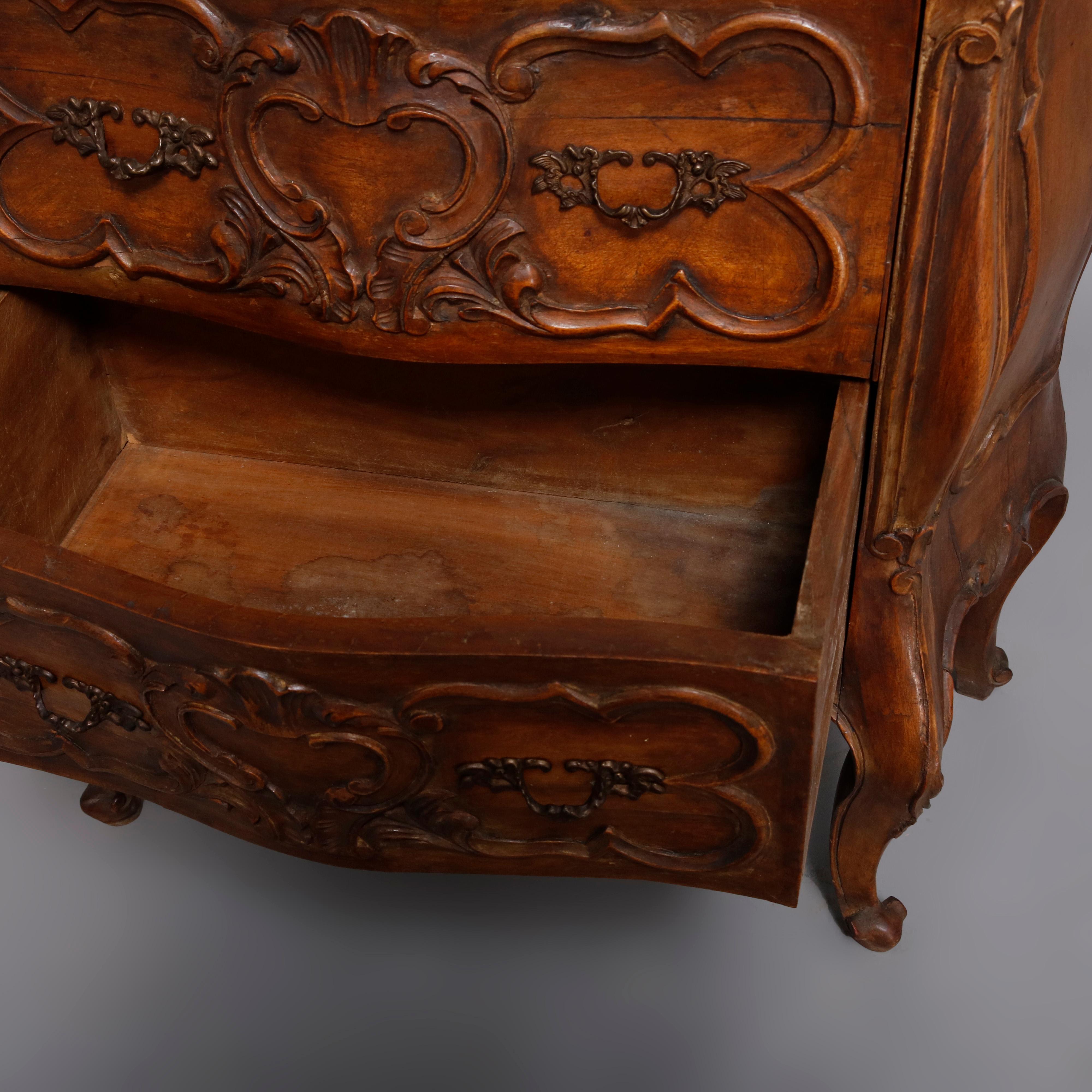 Carved Walnut Italian Rococo Style 2-Drawer Bombe Commode, 20th Century 4