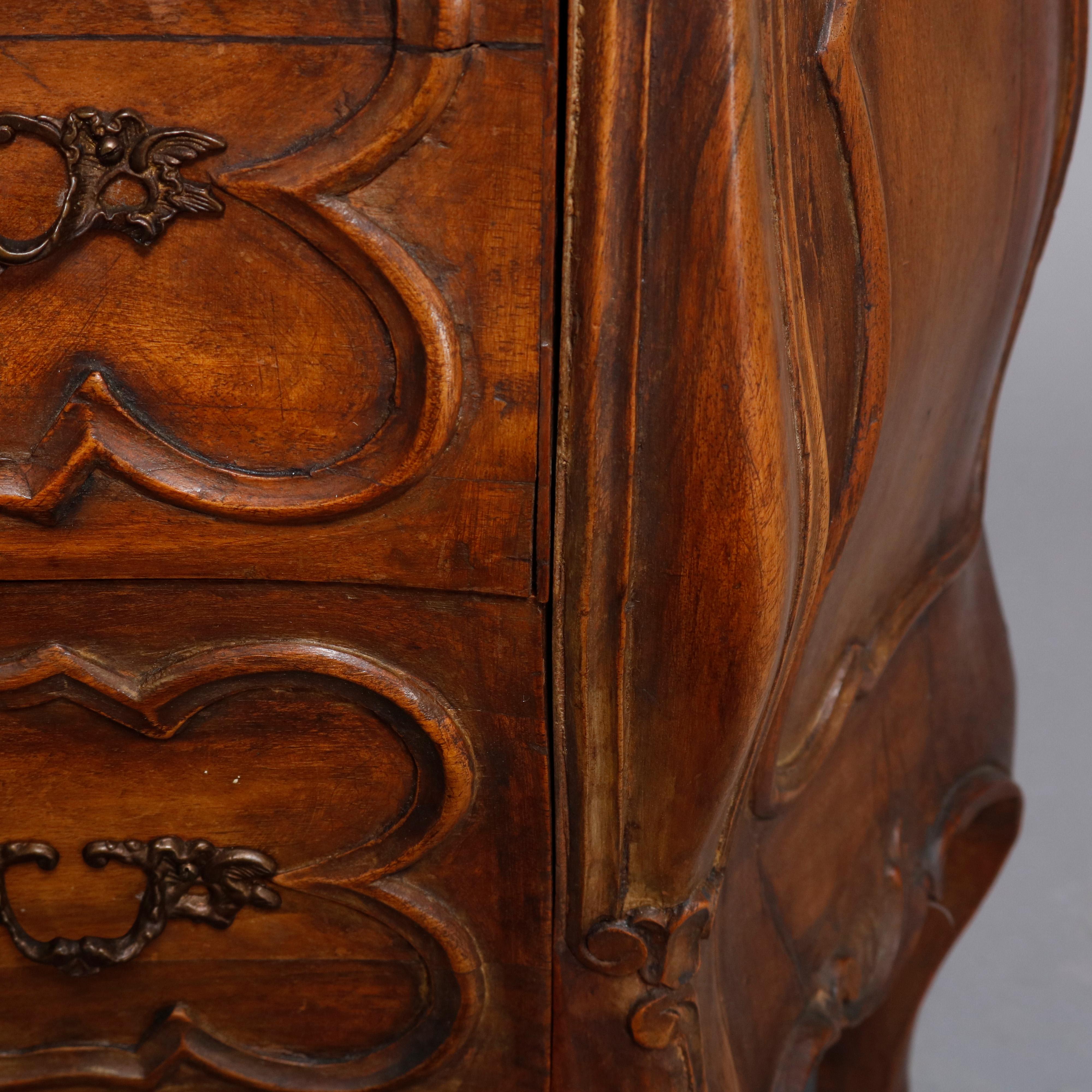 Carved Walnut Italian Rococo Style 2-Drawer Bombe Commode, 20th Century 5