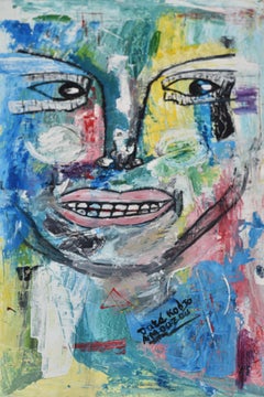 Reflects - African abstract Painting Blue Yellow Brown Green White Beige Black