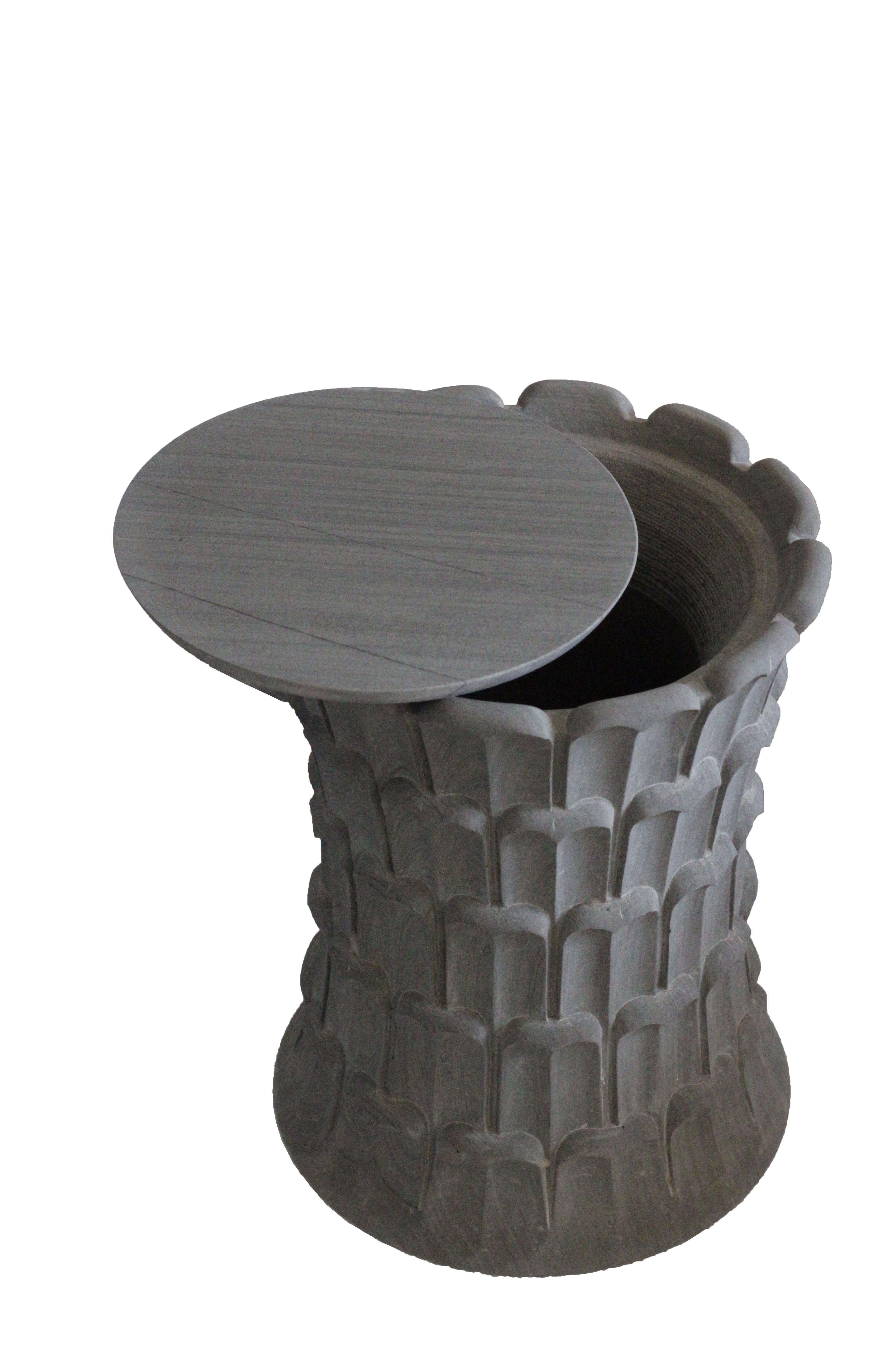 Other Date Palm Side Table In Agra Grey Stone Handcrafted in India For Sale