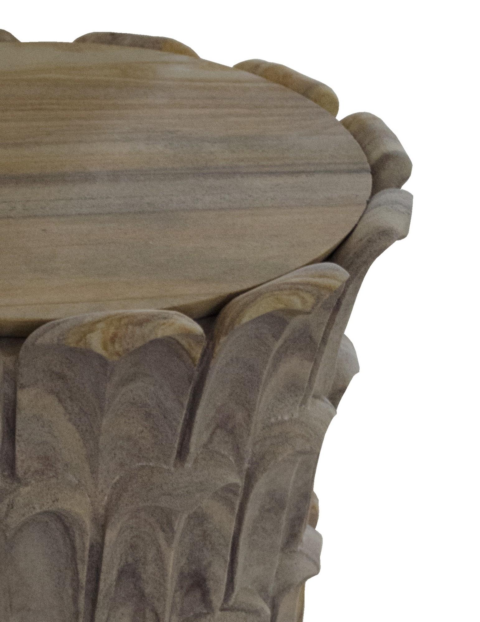 Hand-Carved Date Palm Side Table in Rainbow Teakwood Stone Handcrafted in India For Sale