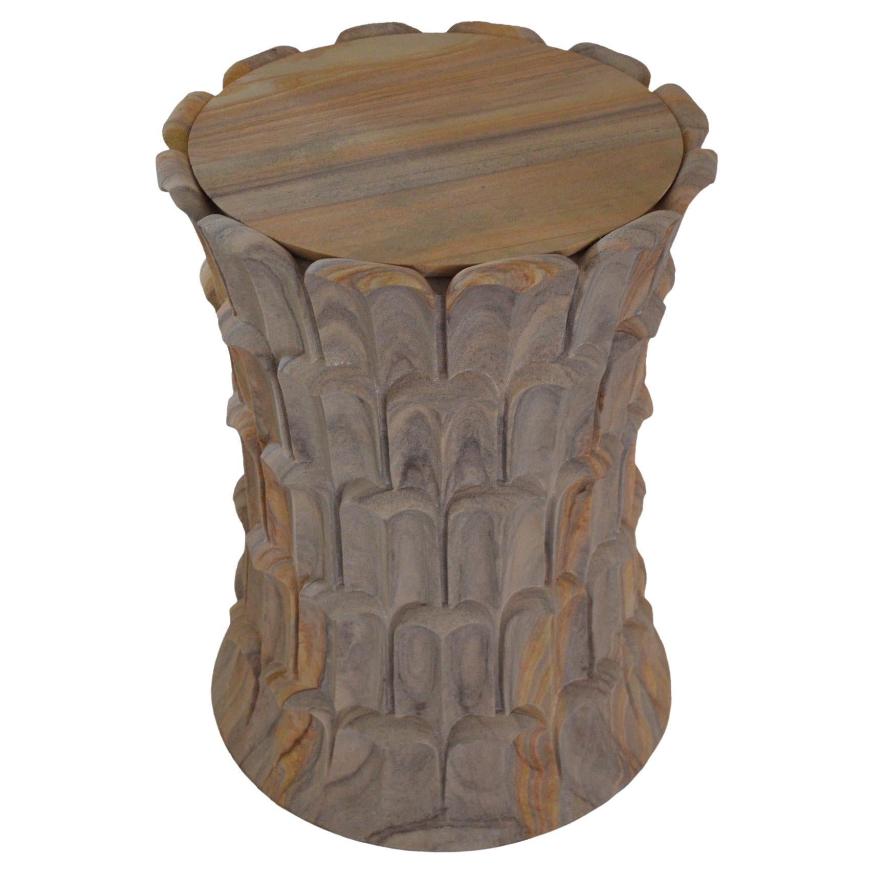 Date Palm Side Table in Rainbow Teakwood Stone Handcrafted in India For Sale