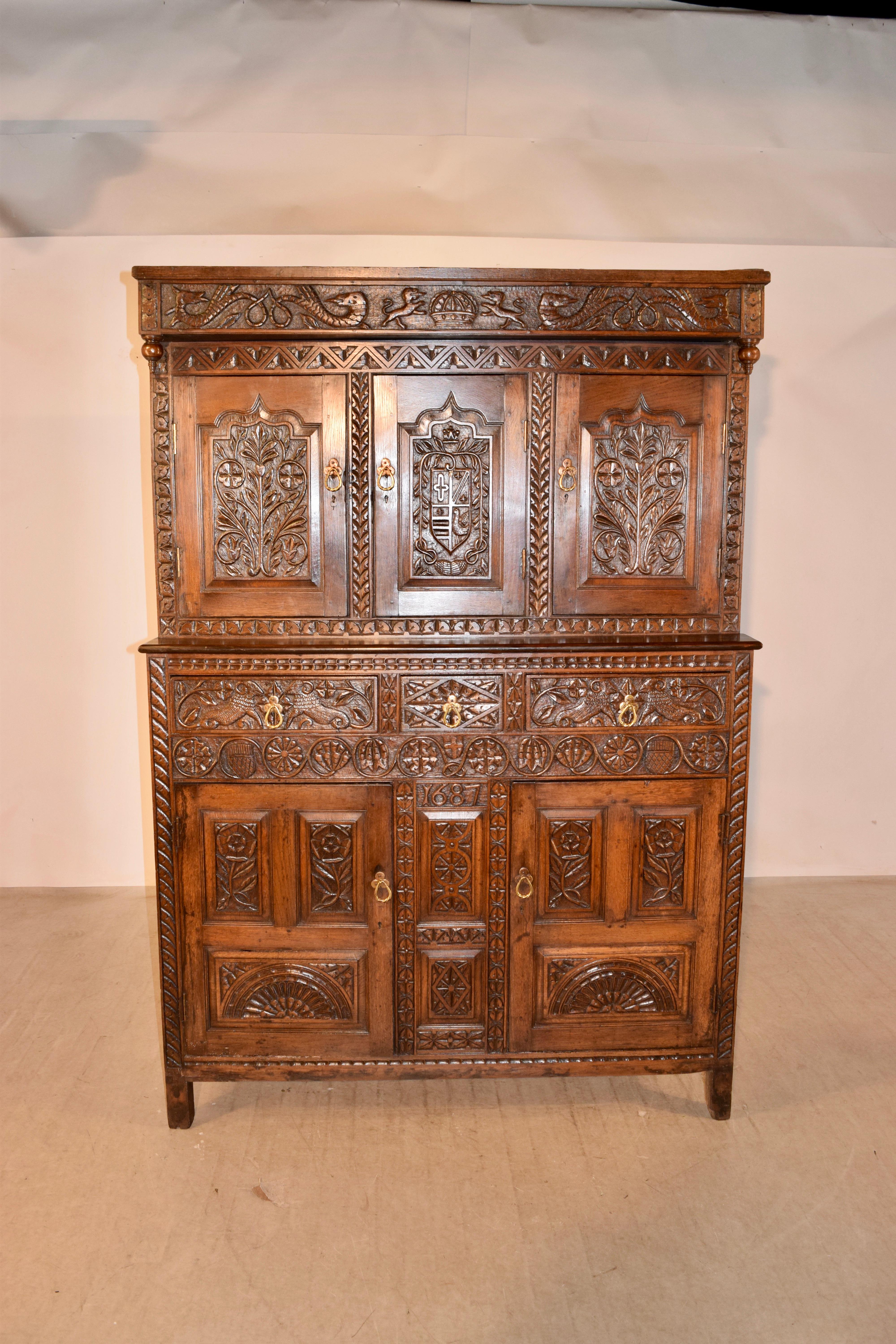 Dated 1687 Charles II Court Cupboard In Good Condition In High Point, NC