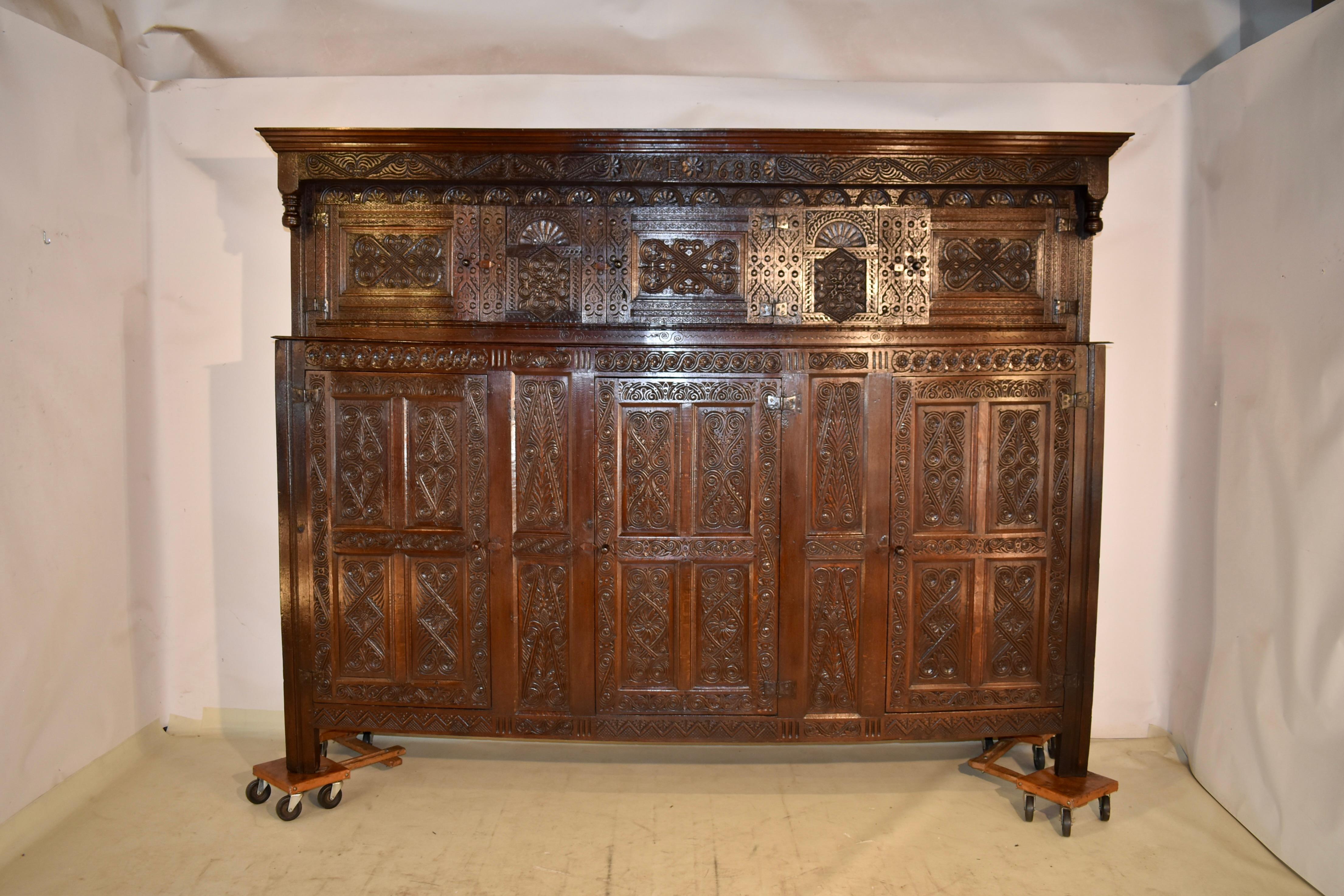 Hand-Carved Dated 1688 English Joined Press Cupboard For Sale
