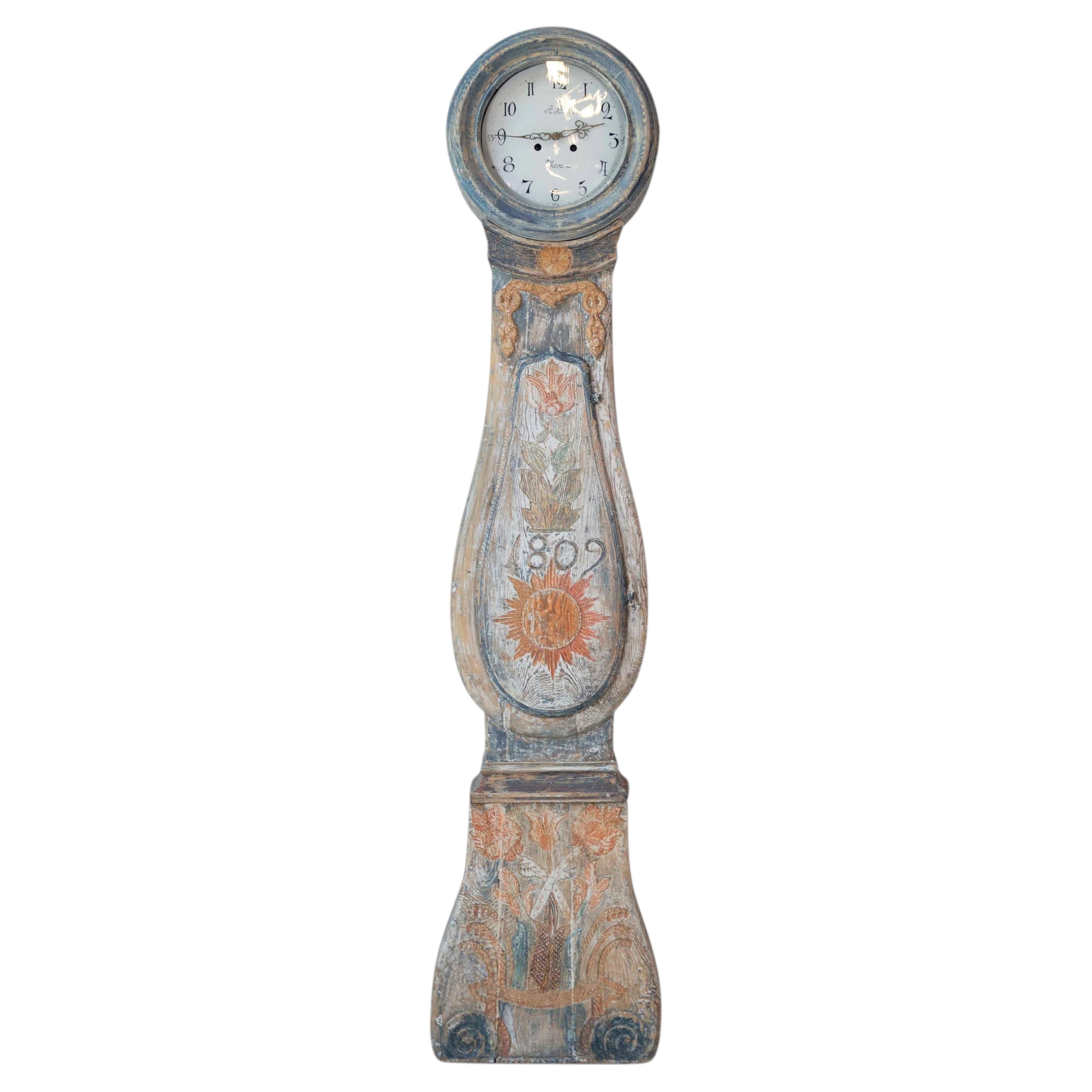 Dated 1809 Swedish Longcase Clock with Original Folk Art Decoration