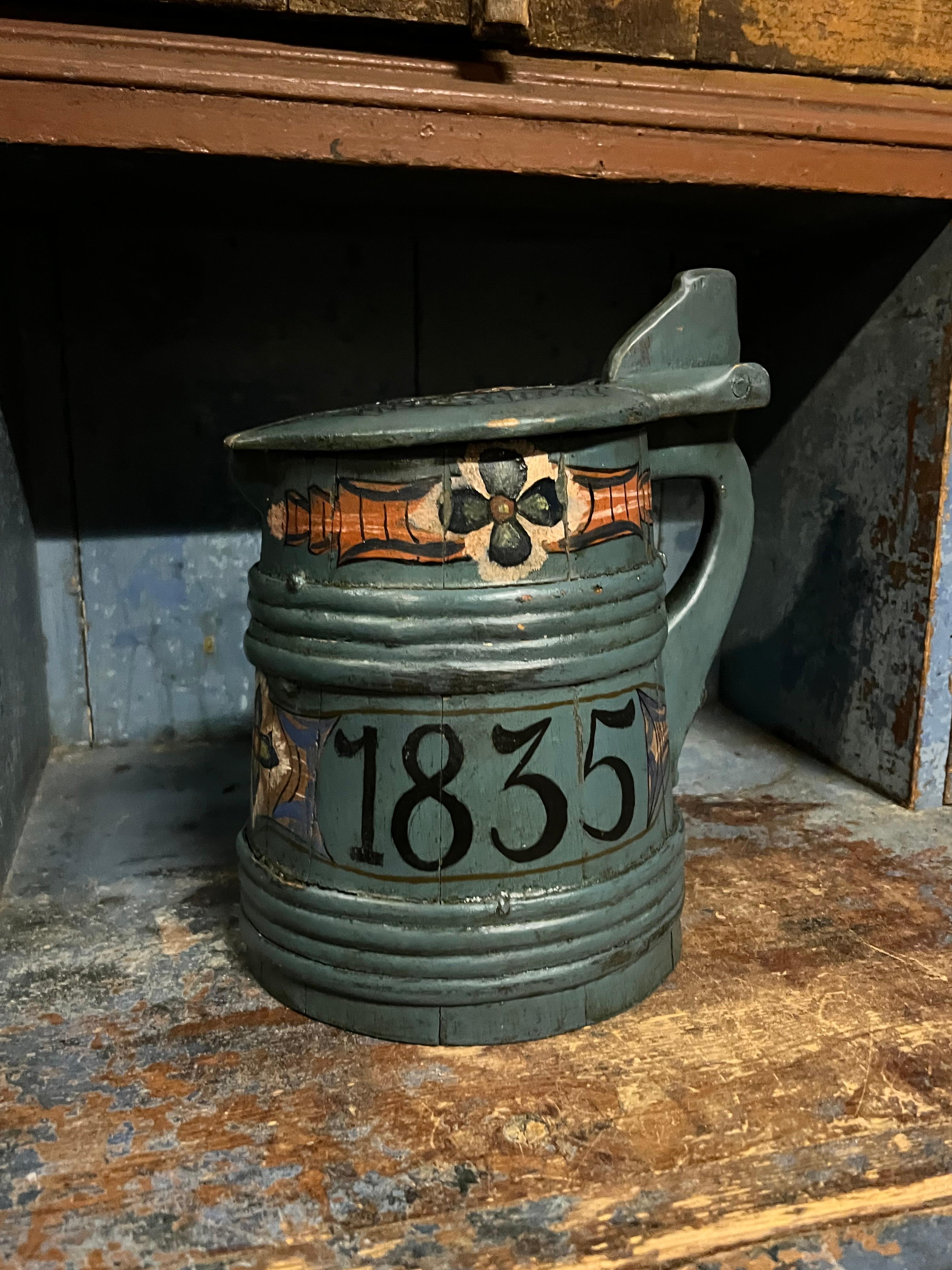 Fechada en 1835 Jarra / tankard antigua con rosemaling, estilo nórdico, rústico de granja en venta 3