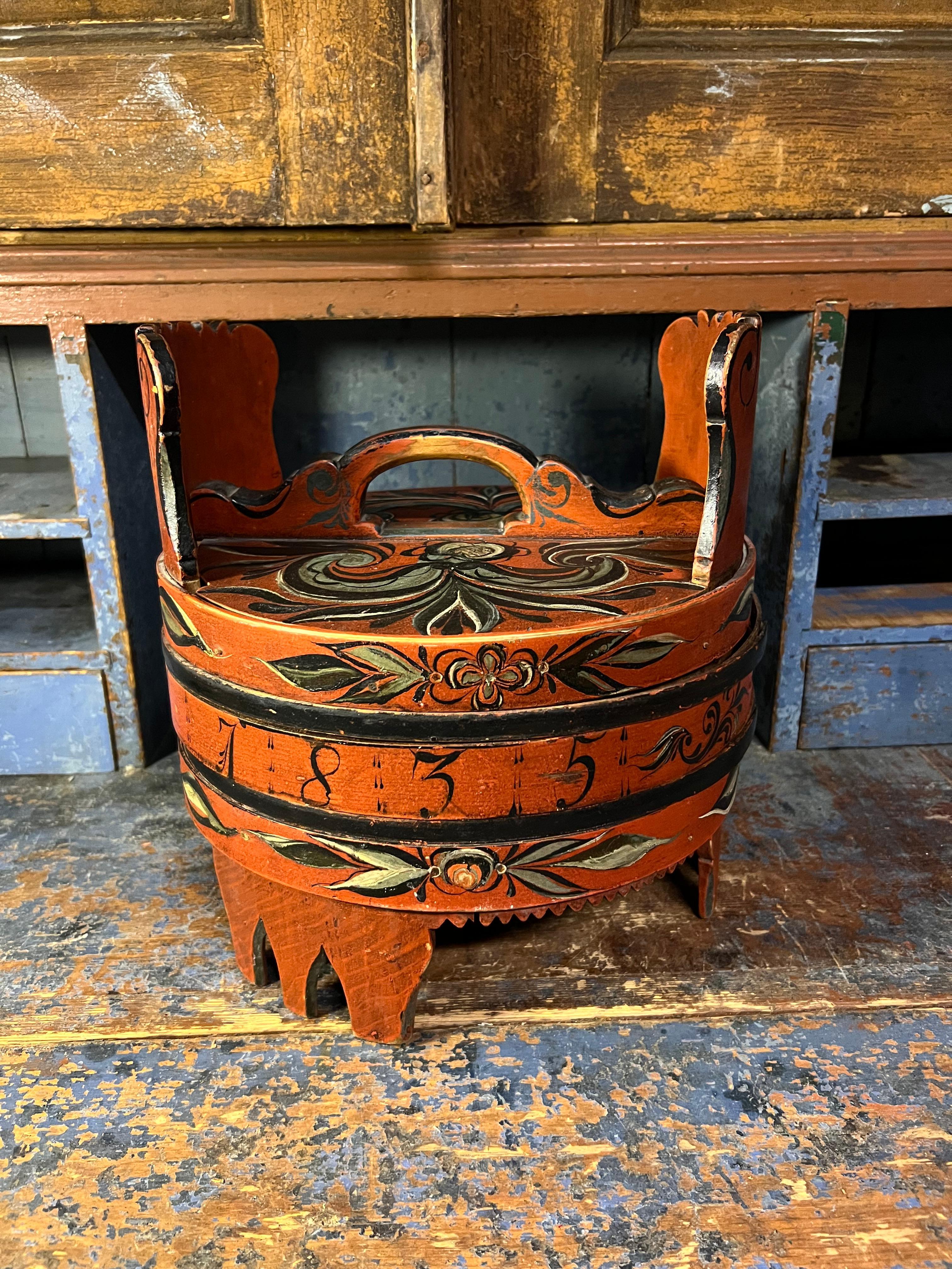 Datiert 1835 Hallingdal Rosemaling - Antike Ambarbox, Norwegen - Museumsqualität (Volkskunst) im Angebot