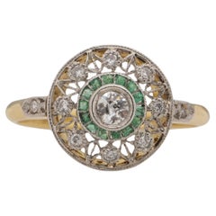 Antique Dated 1838 French Hallmark Two Tone Open Work Double Halo Diamond & Emerald Ring