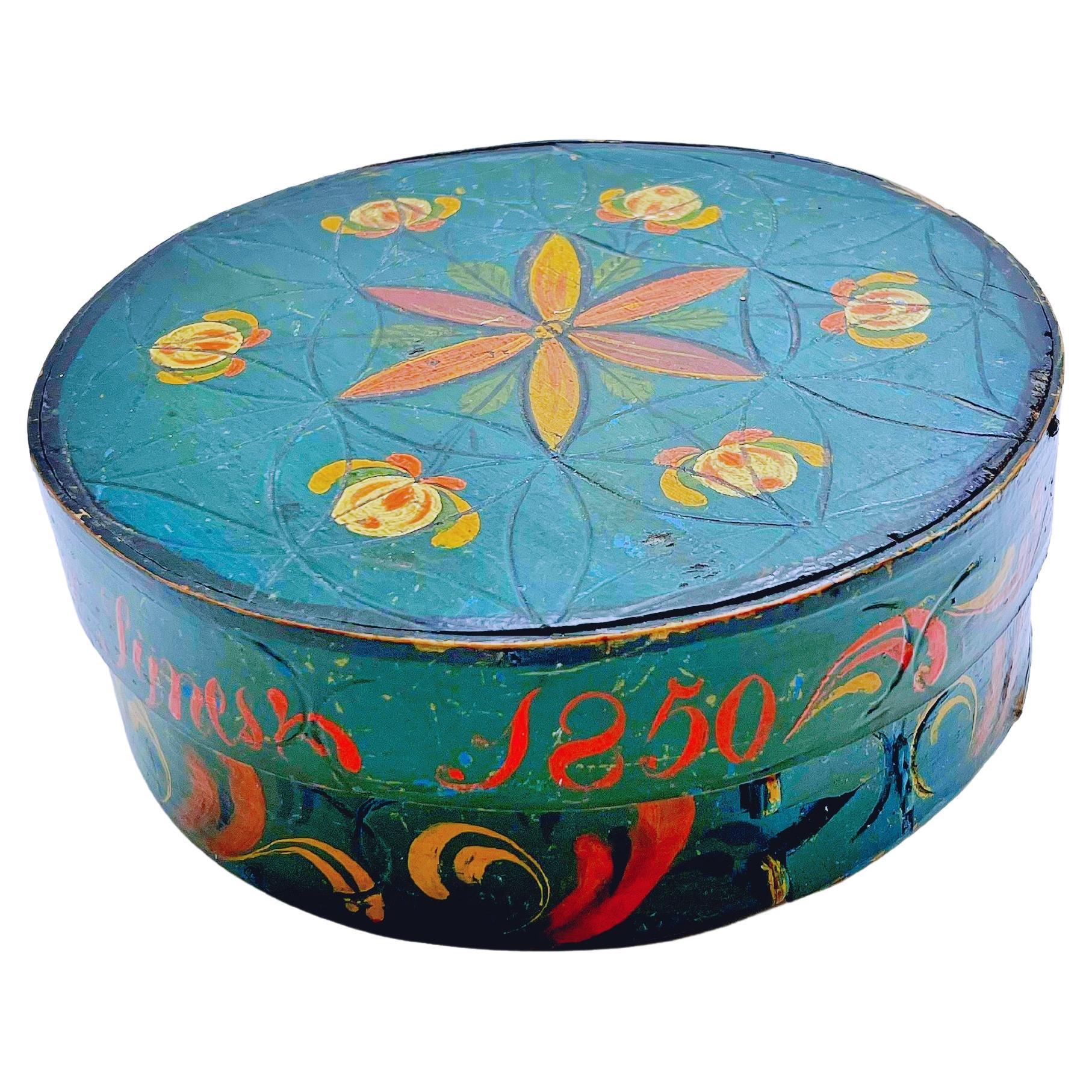 Daté de 1850 Boîte à dents ancienne de qualité musée avec Rosemaling, bois courbé, nordique en vente