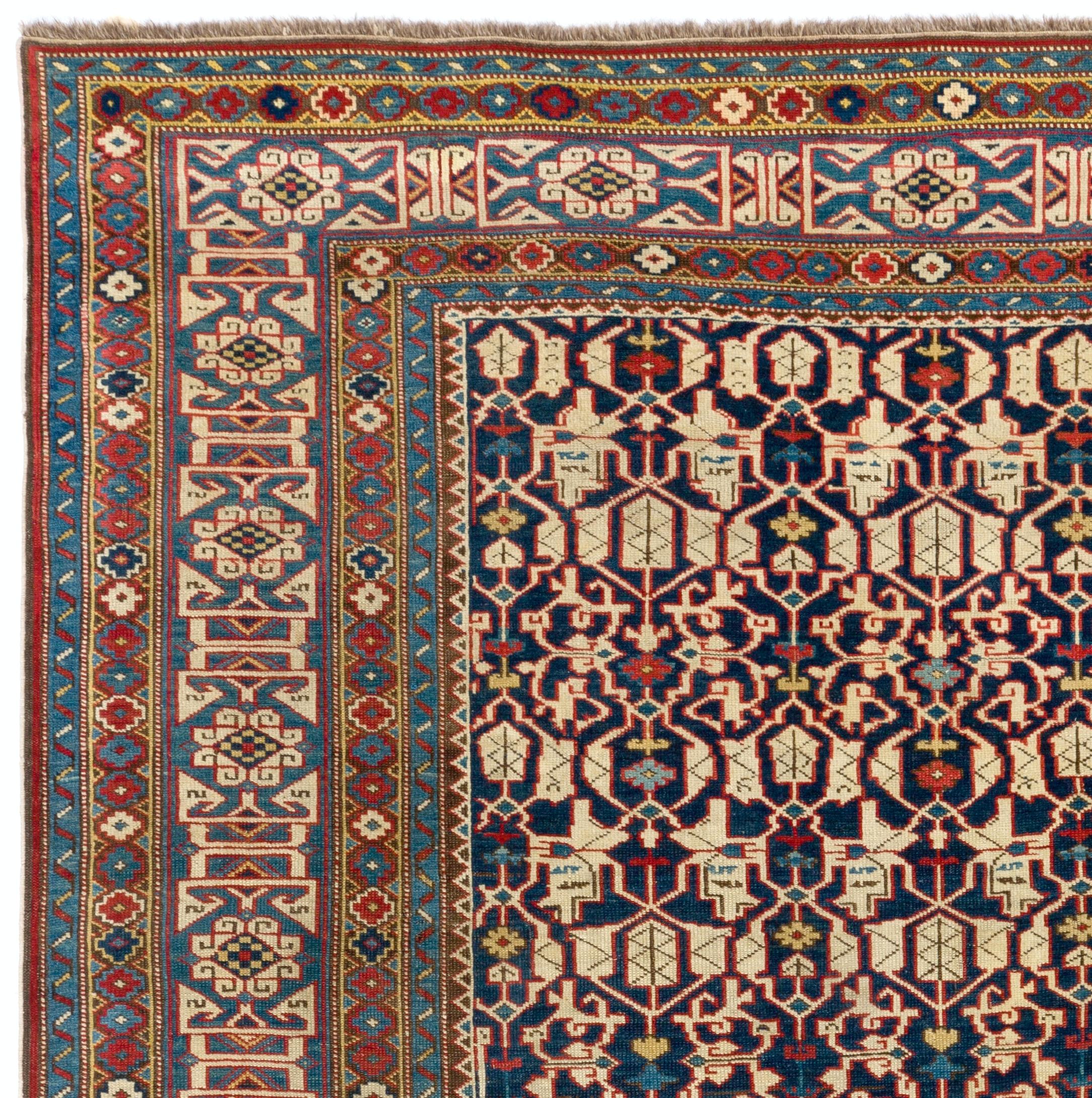 Very fine antique Caucasian Kuba Konaghend rug, dated 1867 AD,
Measures: 4.2 x 5.8 Ft (127 x 174 cm).
Very good condition, no issues. Probably the best of this type we have seen.