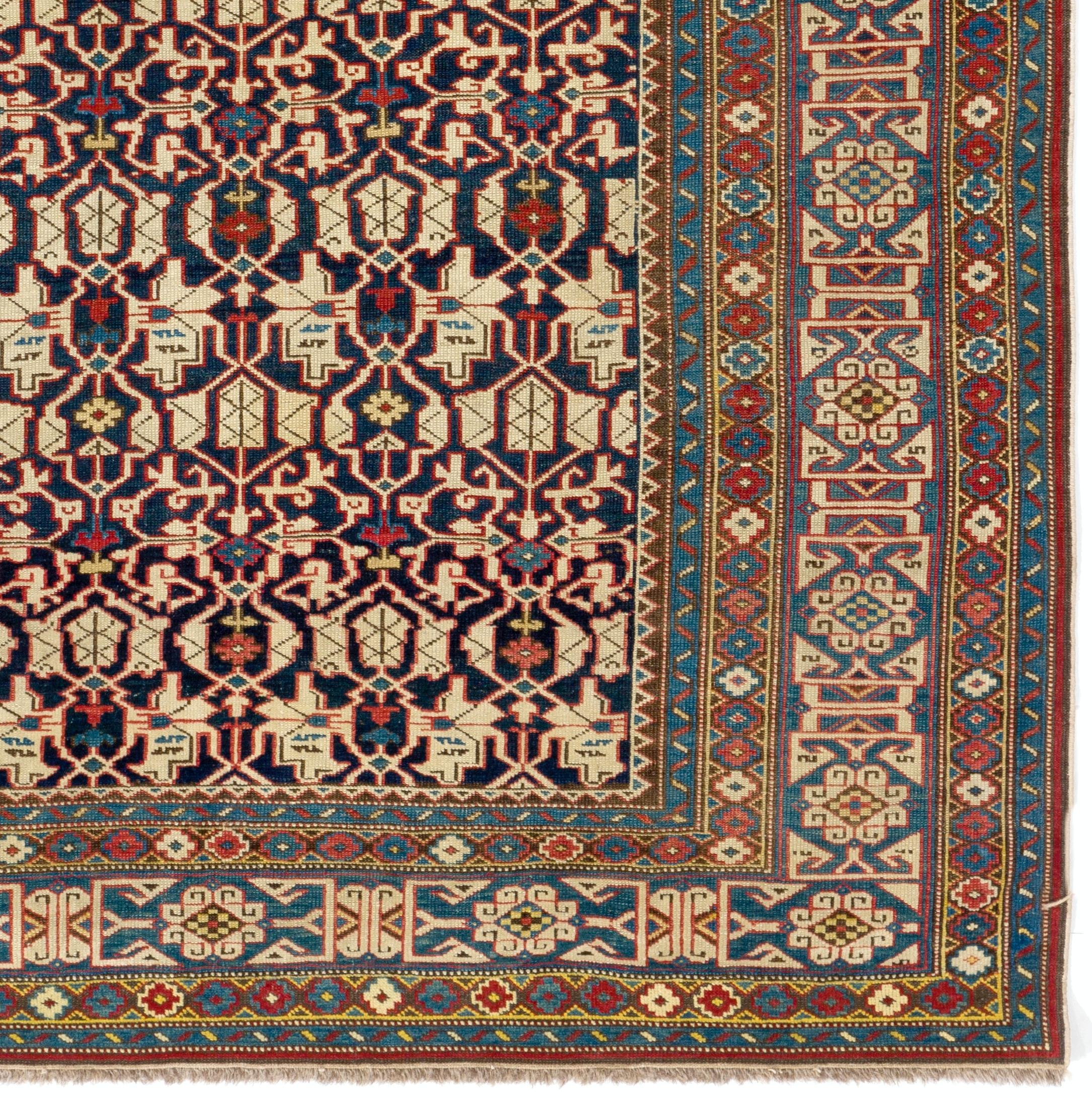 Noué à la main Fine tapis caucasien Kuba Konaghend antique daté de 1867, tapis de collection à étagères supérieures en vente