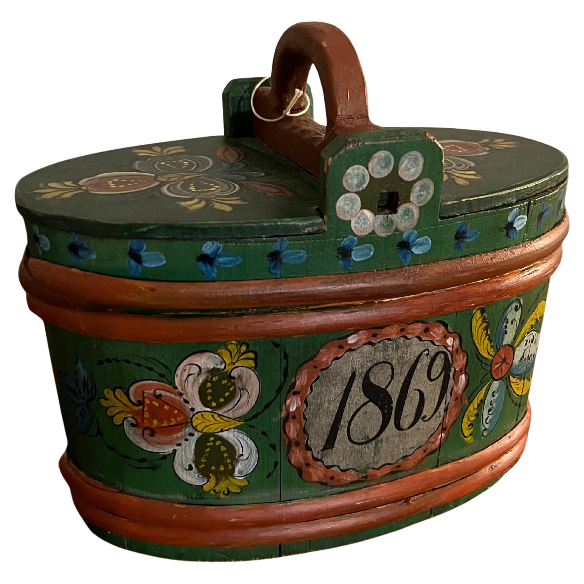 Dated 1869 Antique Rosemaling Tine Box from Telemark by Kjetil Østerholdt For Sale