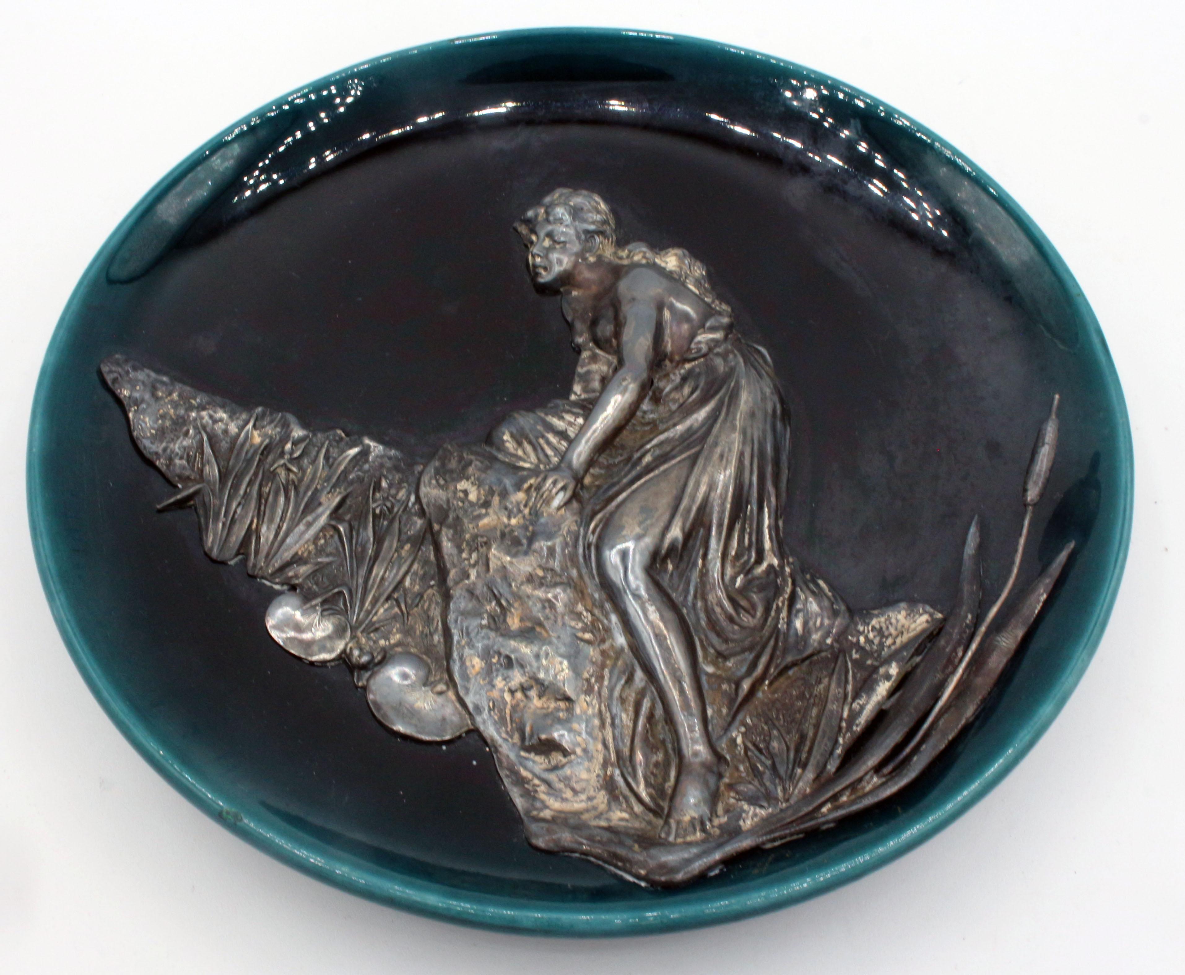 Silver Plate Dated 1877 Pair of Majolica Plates For Sale