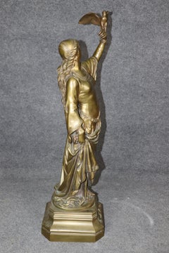 Dated 1880 Signed Ferville-Suan French Naturalistic Bronze of Lady with Hawk