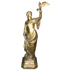 Dated 1880 Signed Ferville-Suan French Naturalistic Bronze of Lady with Hawk