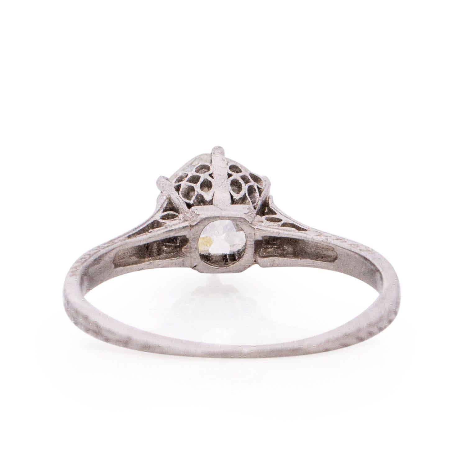 Dated 1901 Edwardian Platinum 1.0CT Diamond Cathedral Shank Engagement Ring In Good Condition For Sale In Addison, TX