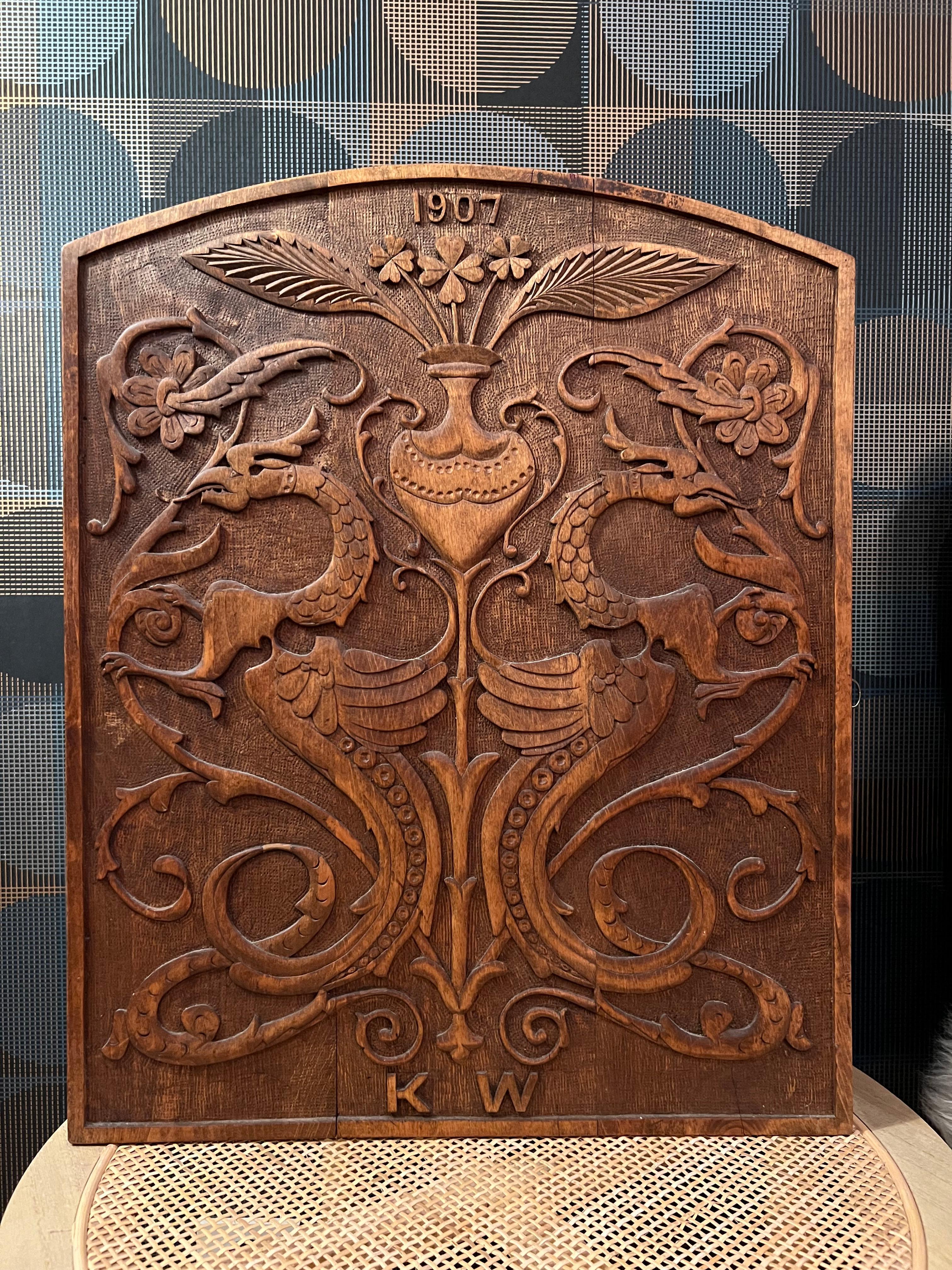 Dated 1907 Museum-Quality Arts & Crafts Wall Cabinet, Hand-crafted Dragon Style For Sale 3