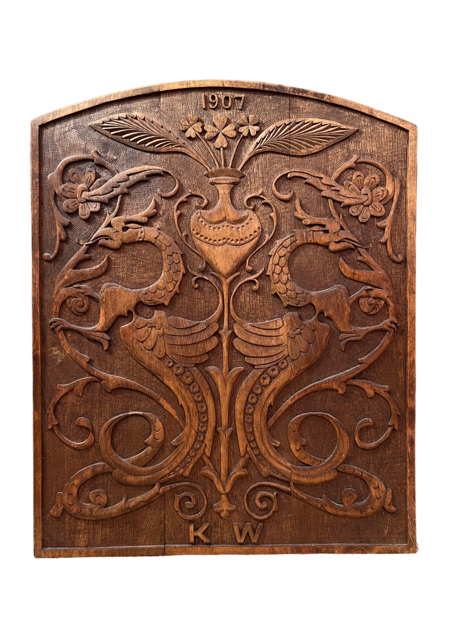Folk Art Dated 1907 Museum-Quality Arts & Crafts Wall Cabinet, Hand-crafted Dragon Style For Sale