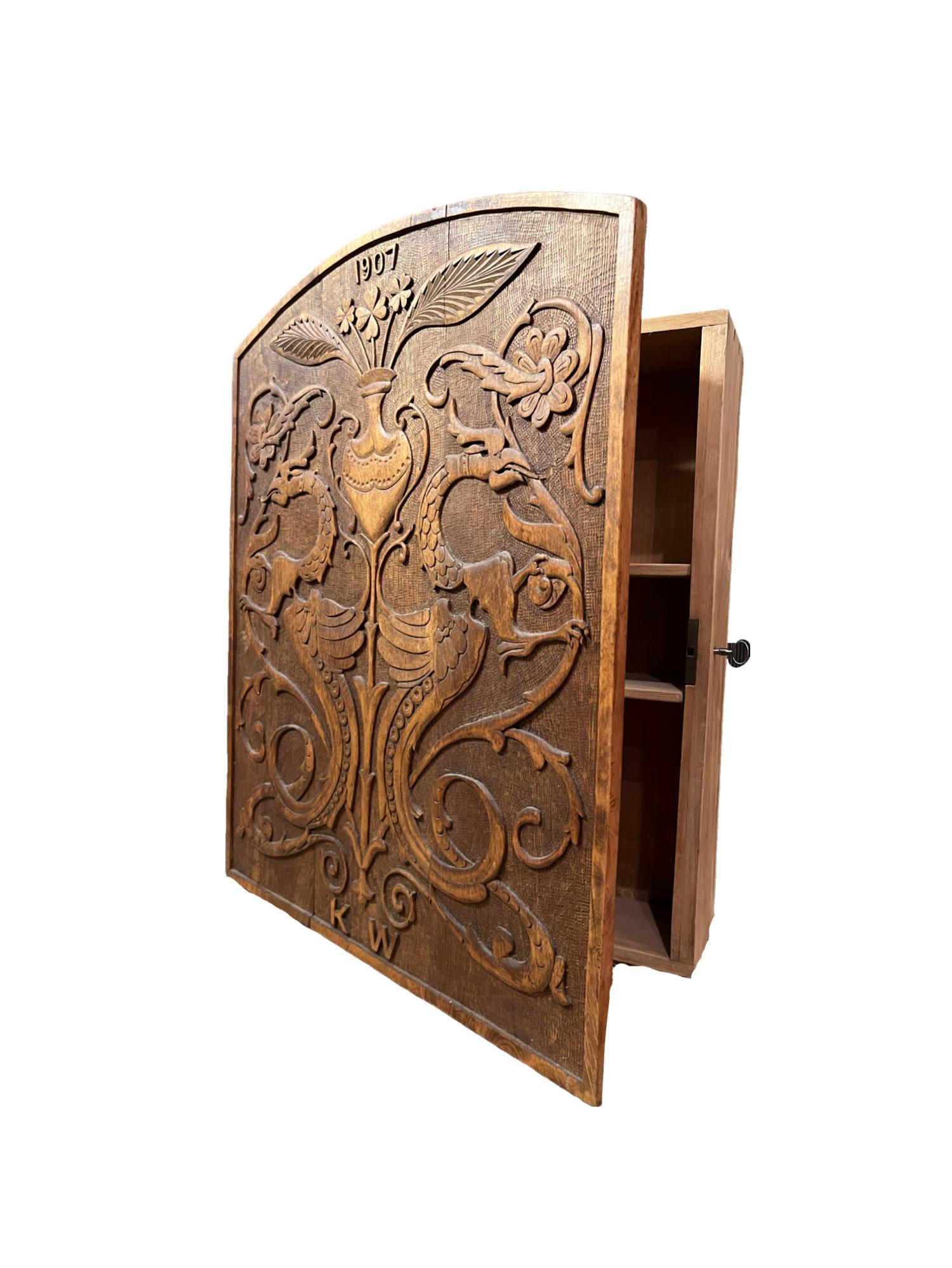 Norwegian Dated 1907 Museum-Quality Arts & Crafts Wall Cabinet, Hand-crafted Dragon Style For Sale