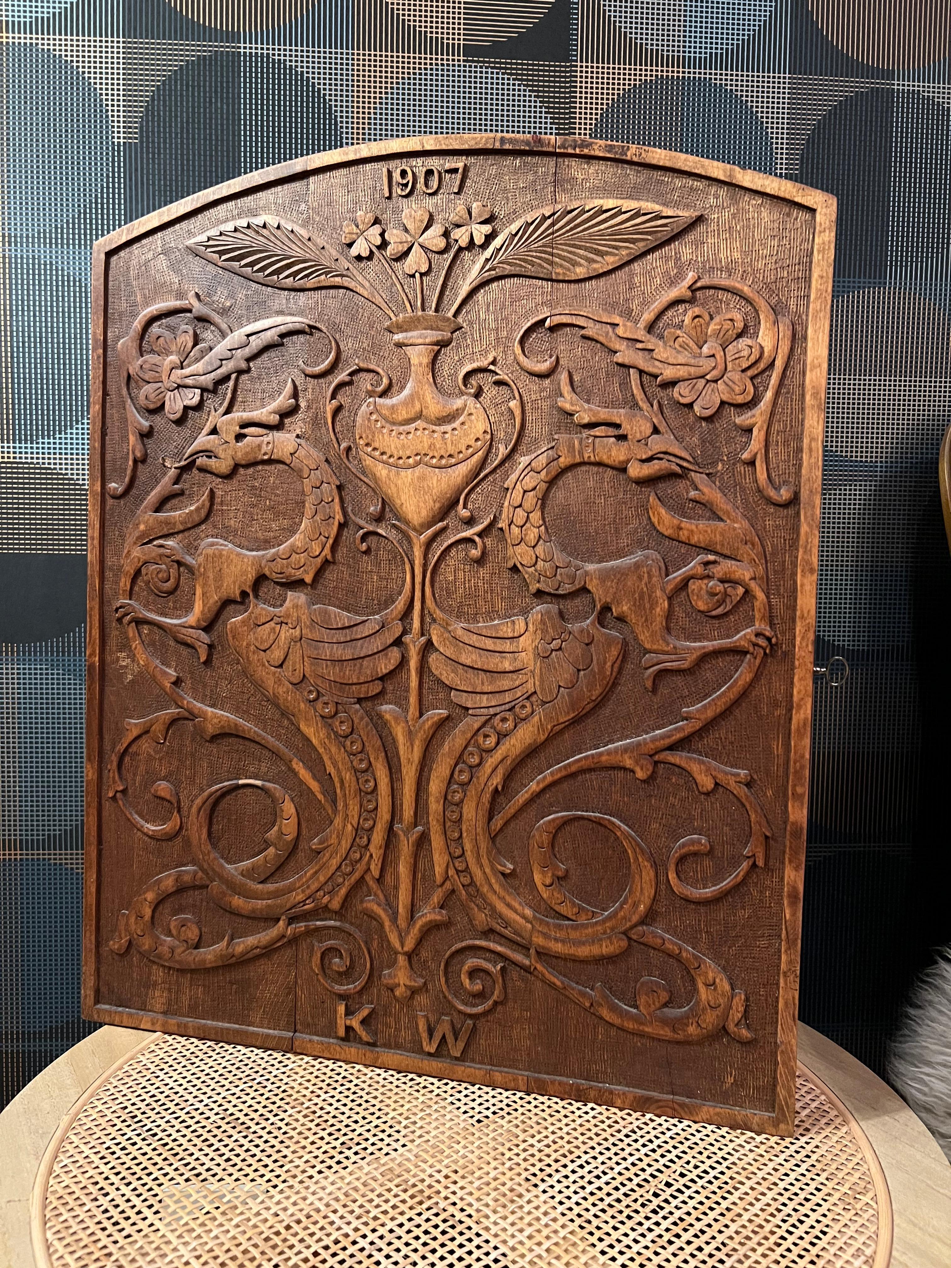 Hand-Crafted Dated 1907 Museum-Quality Arts & Crafts Wall Cabinet, Hand-crafted Dragon Style For Sale