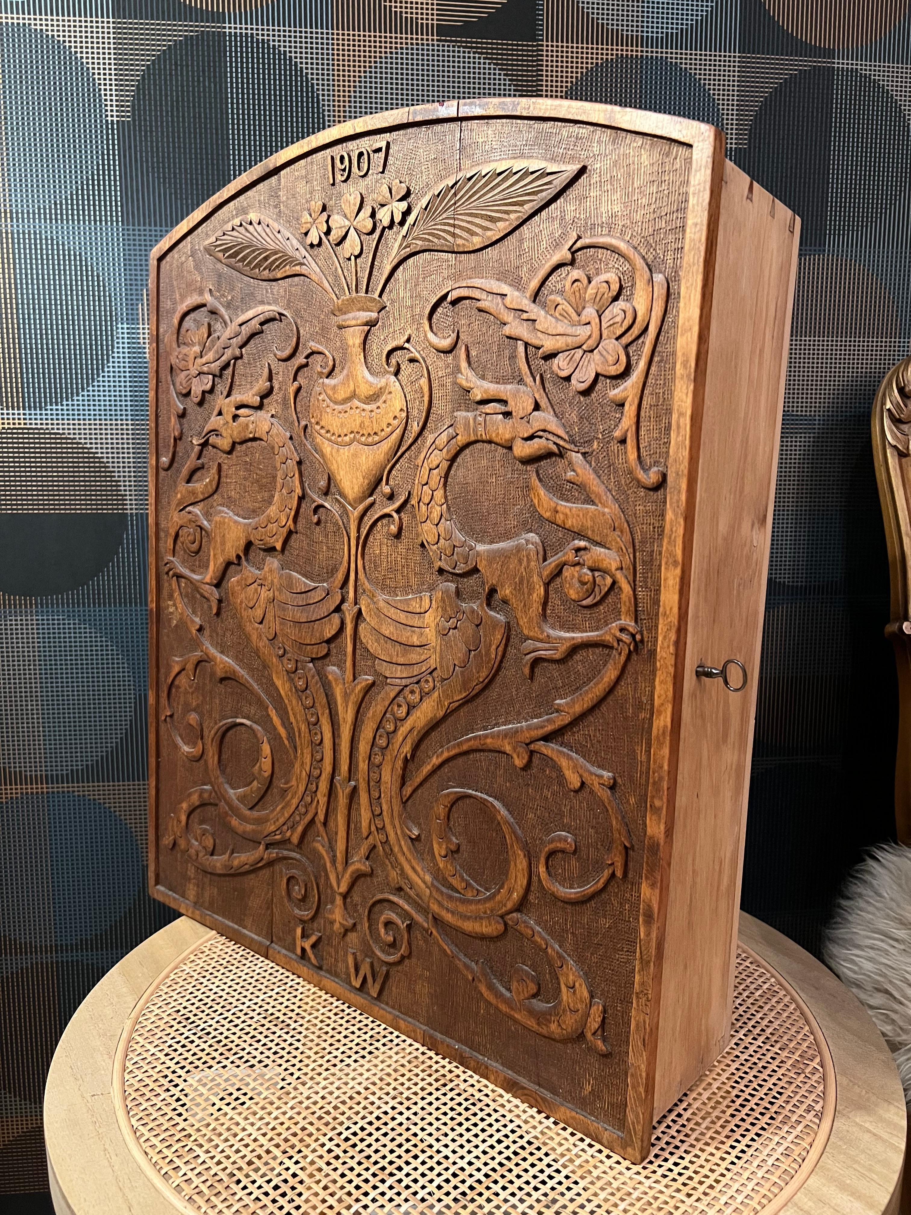 Dated 1907 Museum-Quality Arts & Crafts Wall Cabinet, Hand-crafted Dragon Style In Good Condition For Sale In Skien, NO