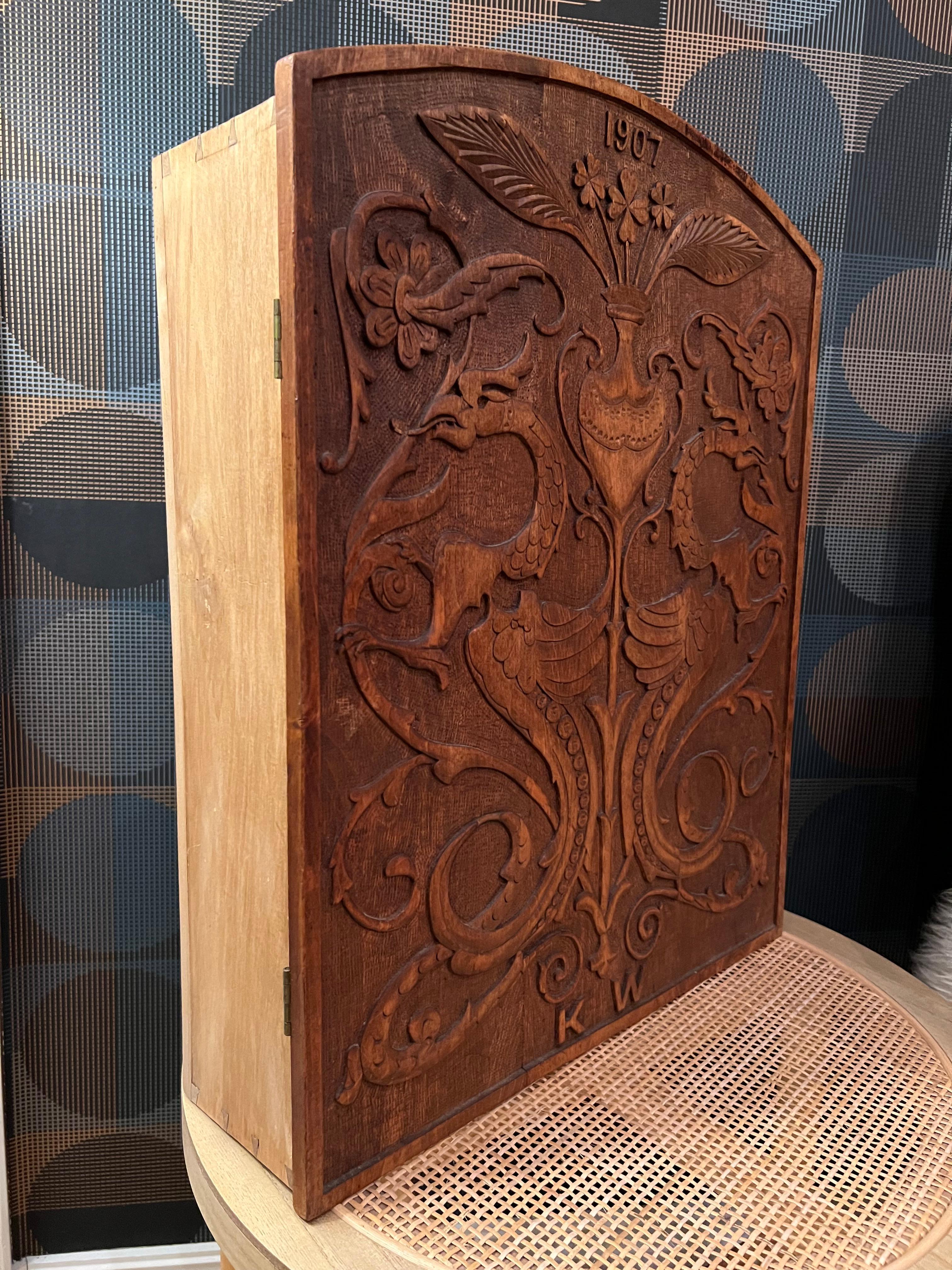 20th Century Dated 1907 Museum-Quality Arts & Crafts Wall Cabinet, Hand-crafted Dragon Style For Sale