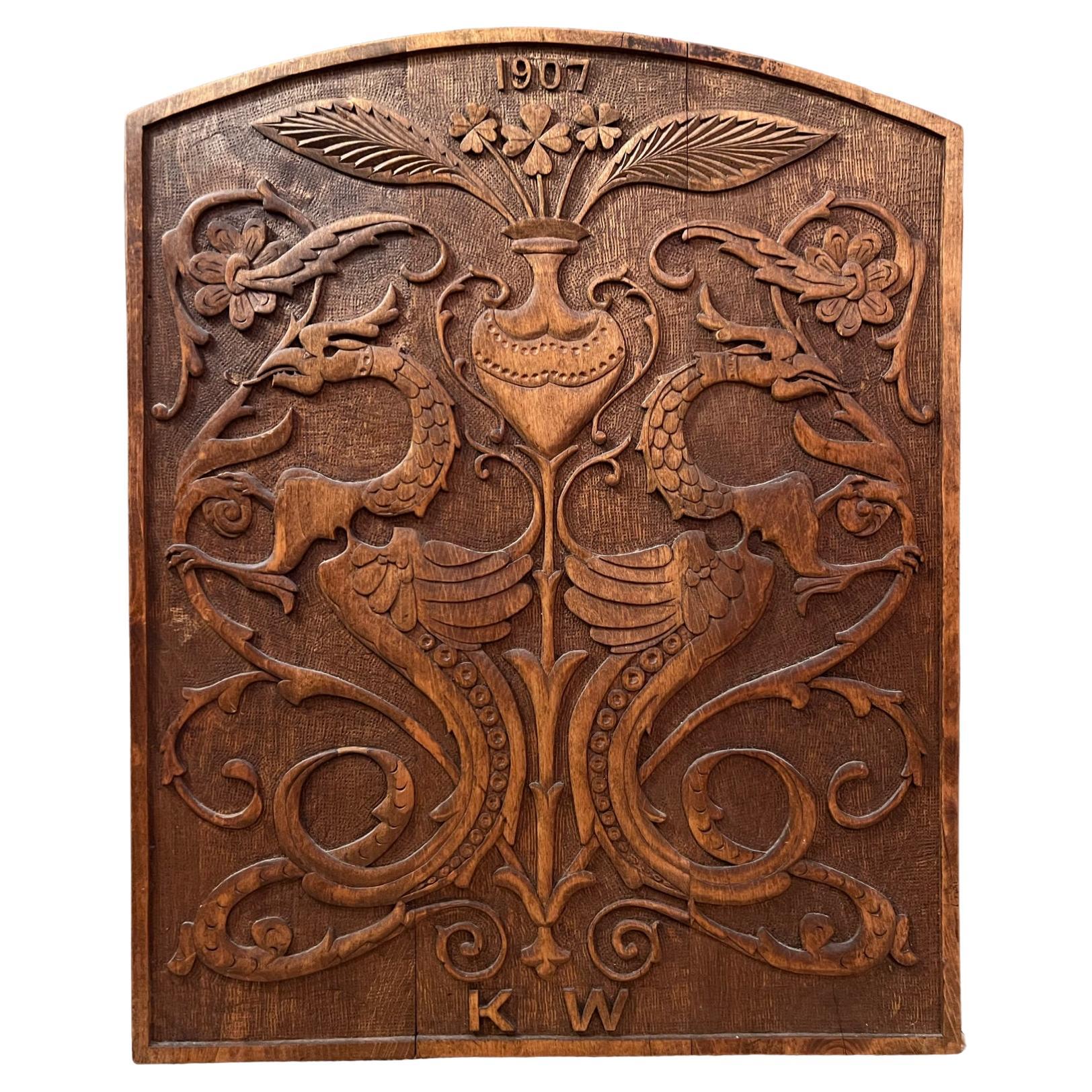 Dated 1907 Museum-Quality Arts & Crafts Wall Cabinet, Hand-crafted Dragon Style For Sale