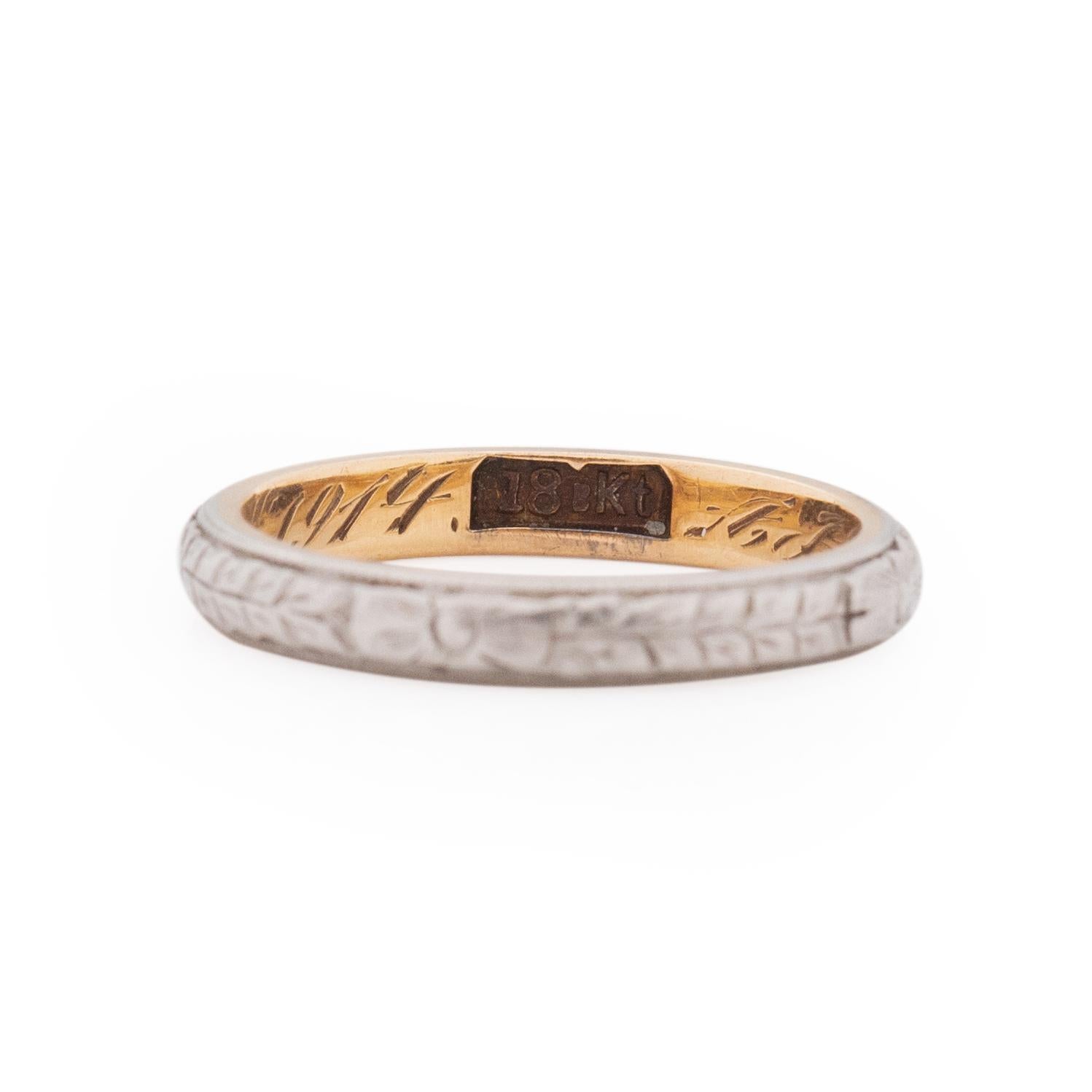 Here we have a out standing two tone art deco floral engraved vintage band. These two tone beauties are getting harder and harder to come by, the inside of the band is yellow gold with a hopelessly romantic engraving on the inside. Giving us the