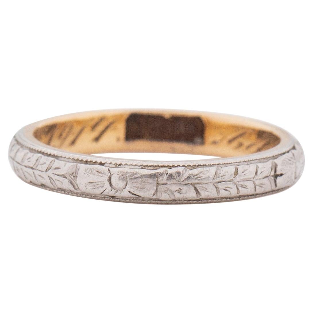 Dated 1914 Art Deco Two Tone 18K Floral Engraved Vintage Stackable Wedding Band