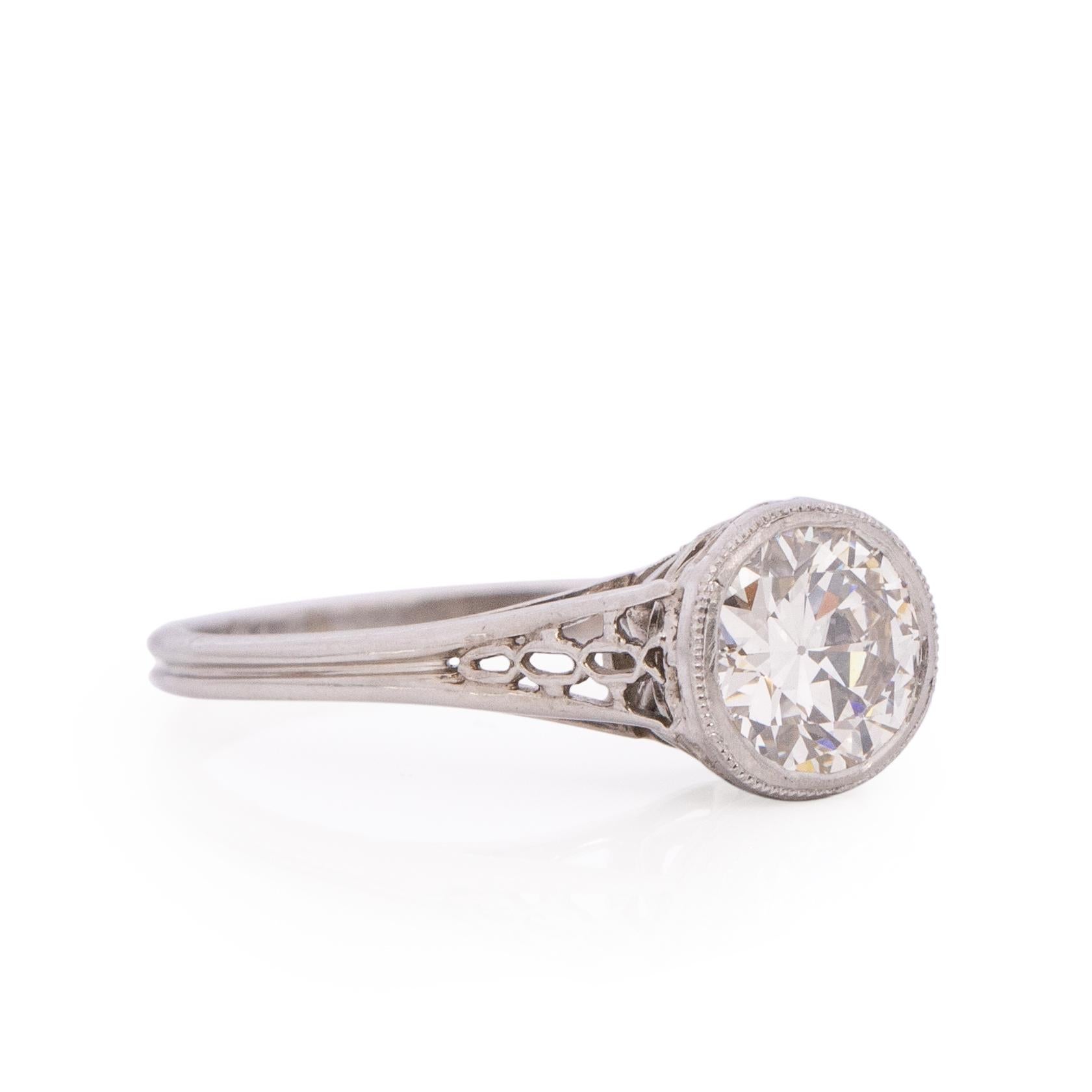 Dated 1915 Edwardian 18K White Gold Solitaire .87CT Old European Diamond Ring In Good Condition In Addison, TX