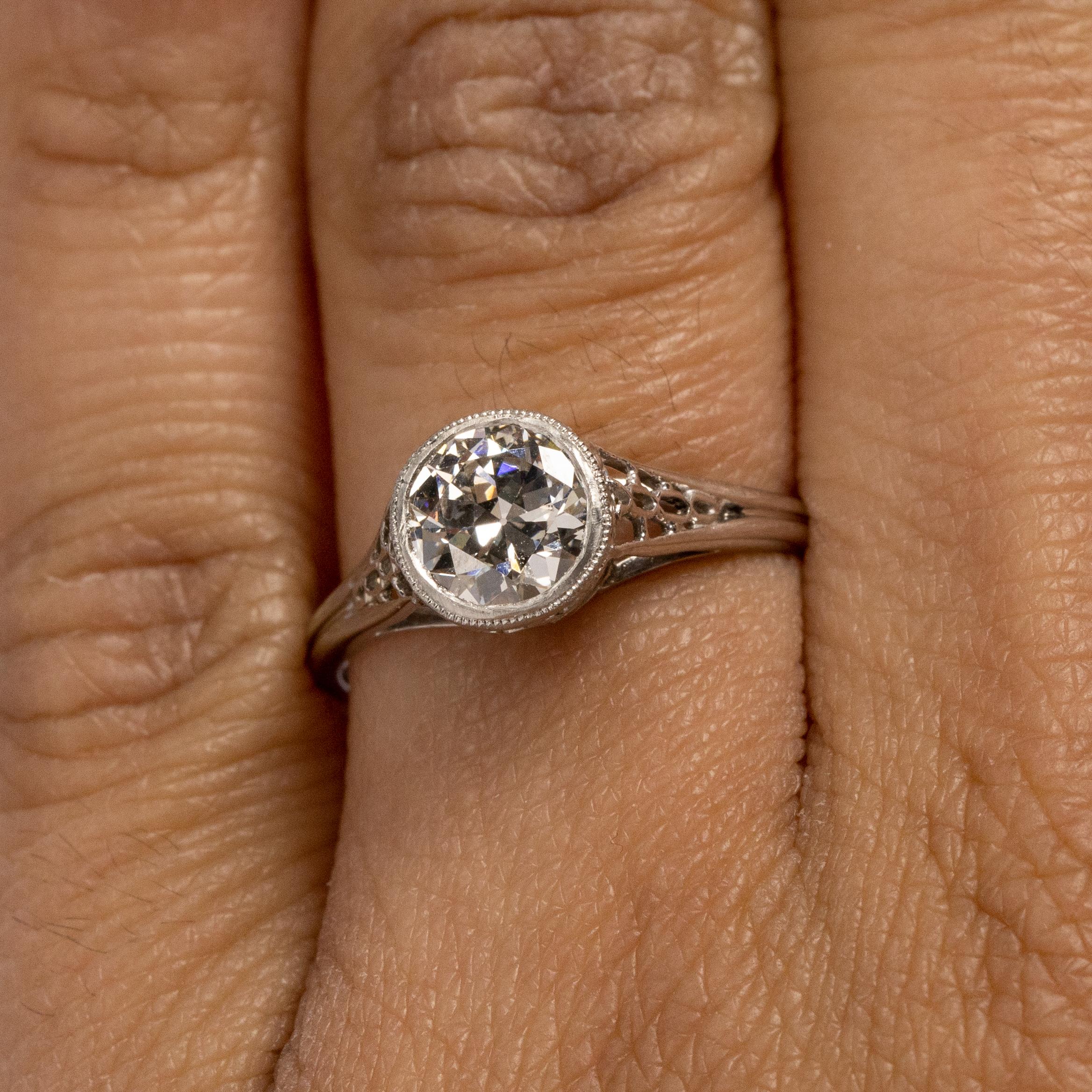 Women's or Men's Dated 1915 Edwardian 18K White Gold Solitaire .87CT Old European Diamond Ring