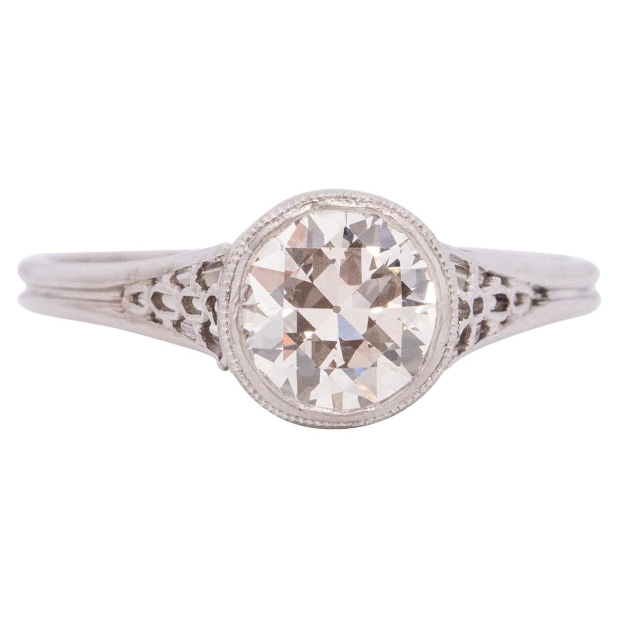 Dated 1915 Edwardian 18K White Gold Solitaire .87CT Old European Diamond Ring