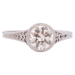 Dated 1915 Edwardian 18K White Gold Solitaire .87CT Old European Diamond Ring