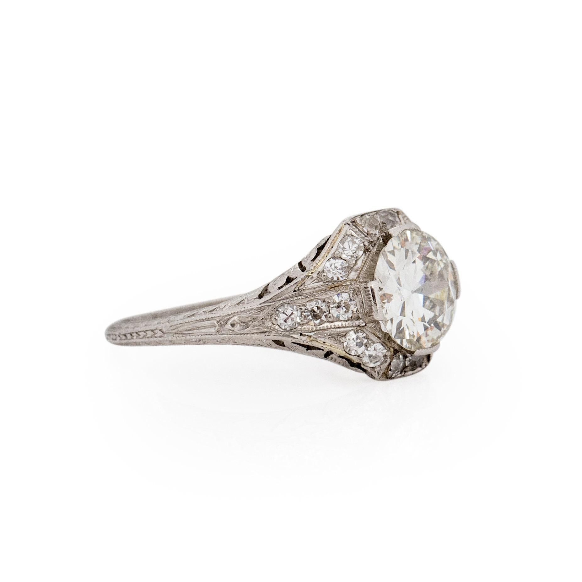 Old European Cut Dated 1924 Art Deco Platinum 1.55Ct Diamond, Filigree Detailed Ring For Sale