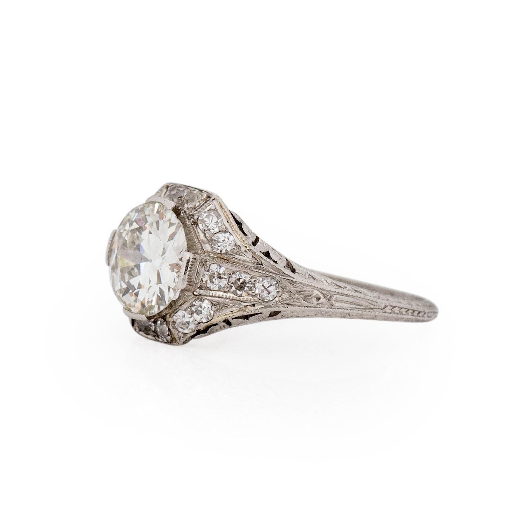 Women's Dated 1924 Art Deco Platinum 1.55Ct Diamond, Filigree Detailed Ring For Sale