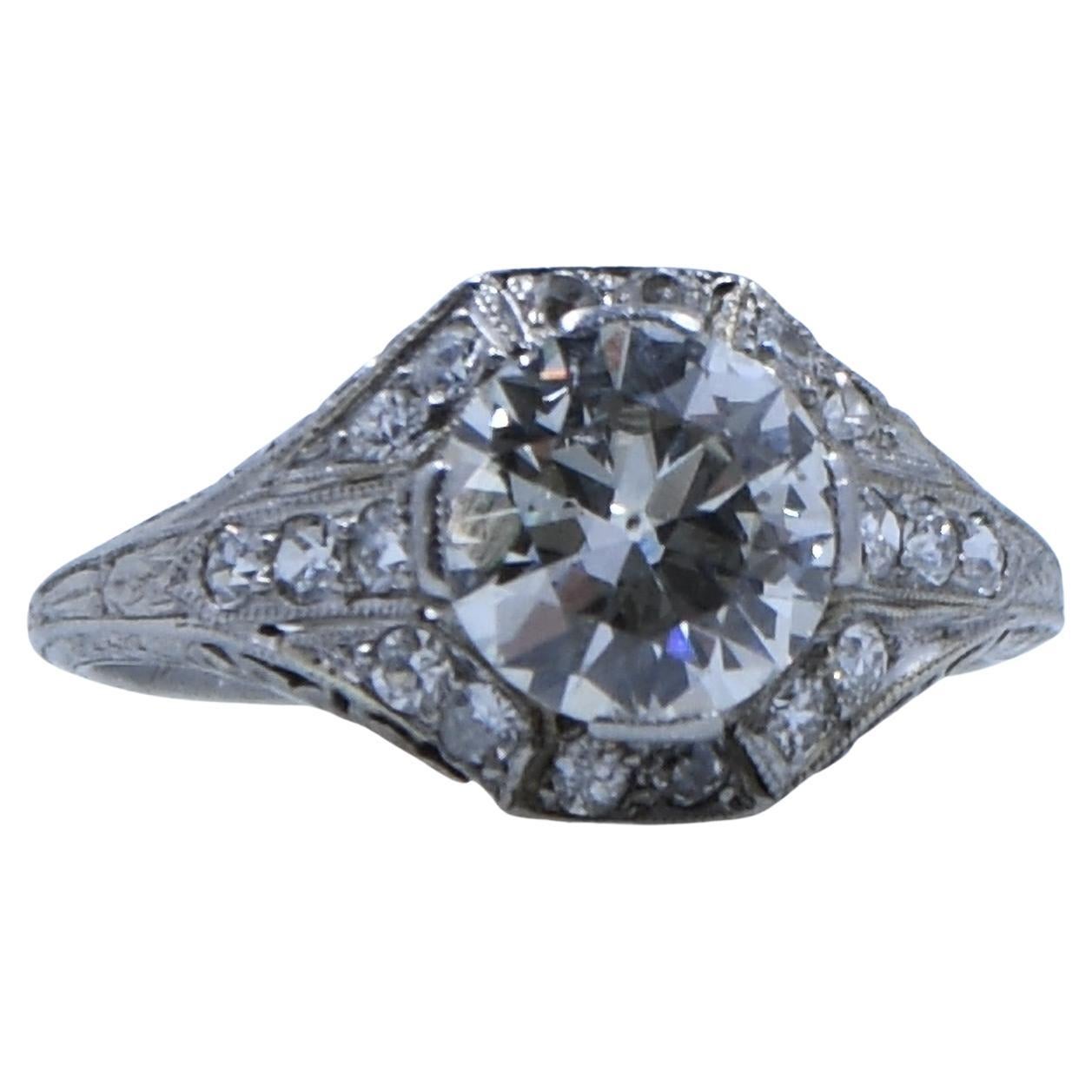 Dated 1924 Art Deco Platinum 1.55Ct Diamond, Filigree Detailed Ring For Sale