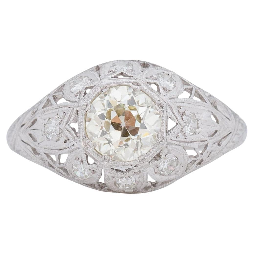 Dated 1927 Art Deco Platinum 1.1Ct Old European Cut Solitaire Diamond Ring For Sale