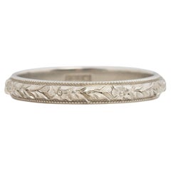 Dated 1929 Art Deco 18k White Gold Floral Engraved Antique Wedding Band