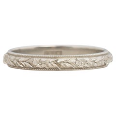 Dated 1929 Art Deco 18k White Gold Floral Engraved Antique Wedding Band 