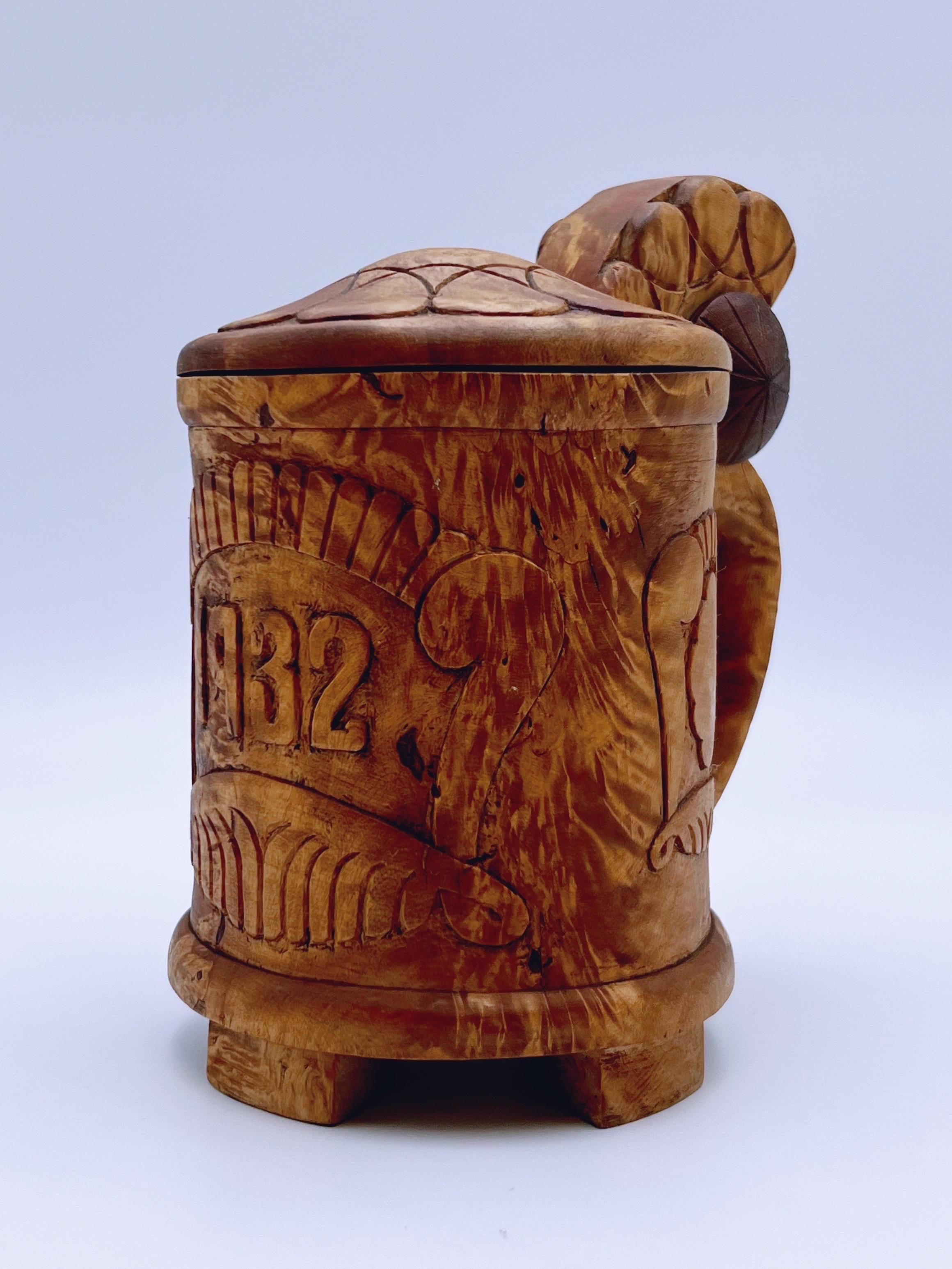 Hand-Crafted Dated 1932 Norwegian hand-crafted birch wood  jug / tankard, Baroque style For Sale