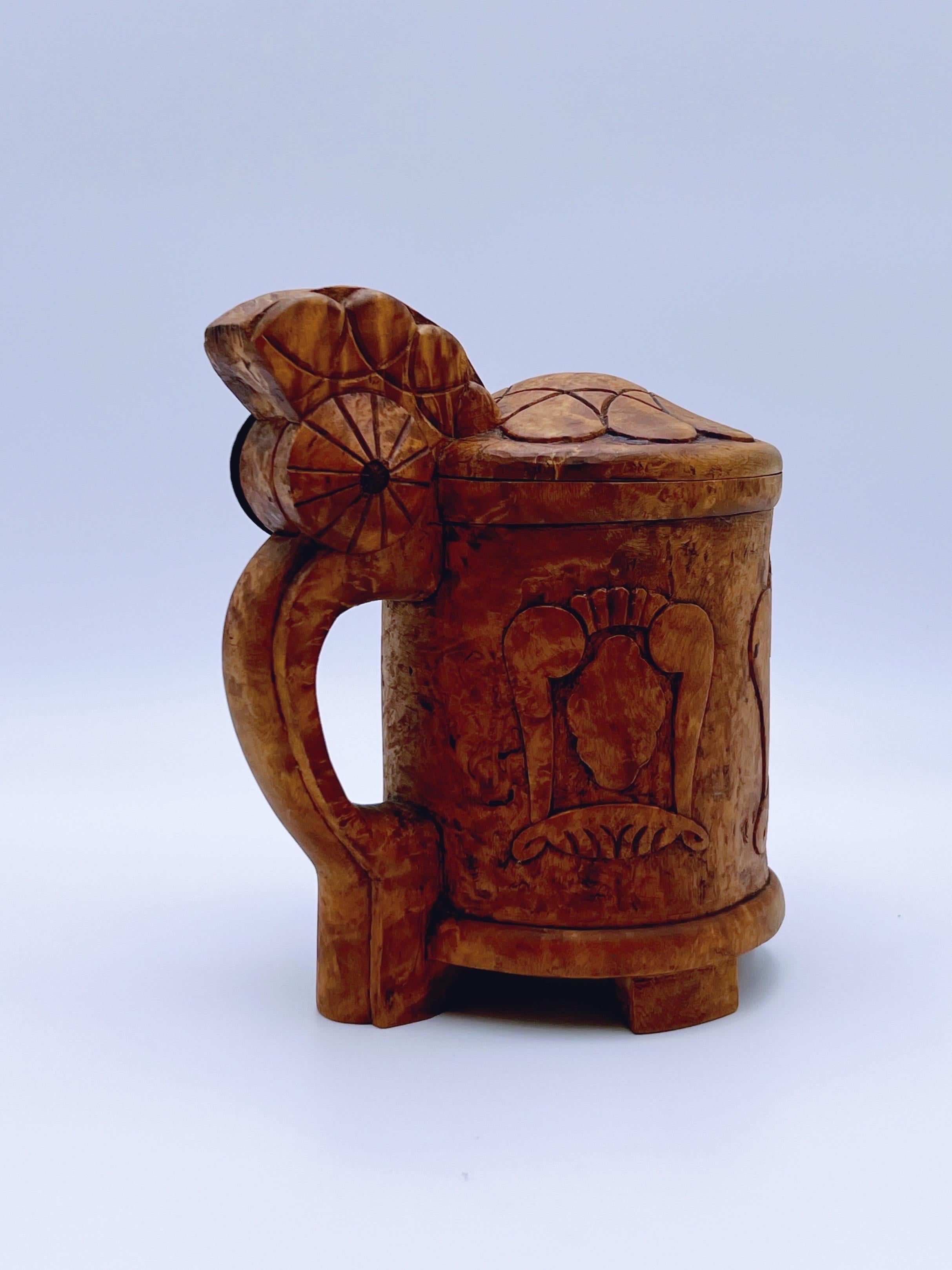 Birch Dated 1932 Norwegian hand-crafted birch wood  jug / tankard, Baroque style For Sale