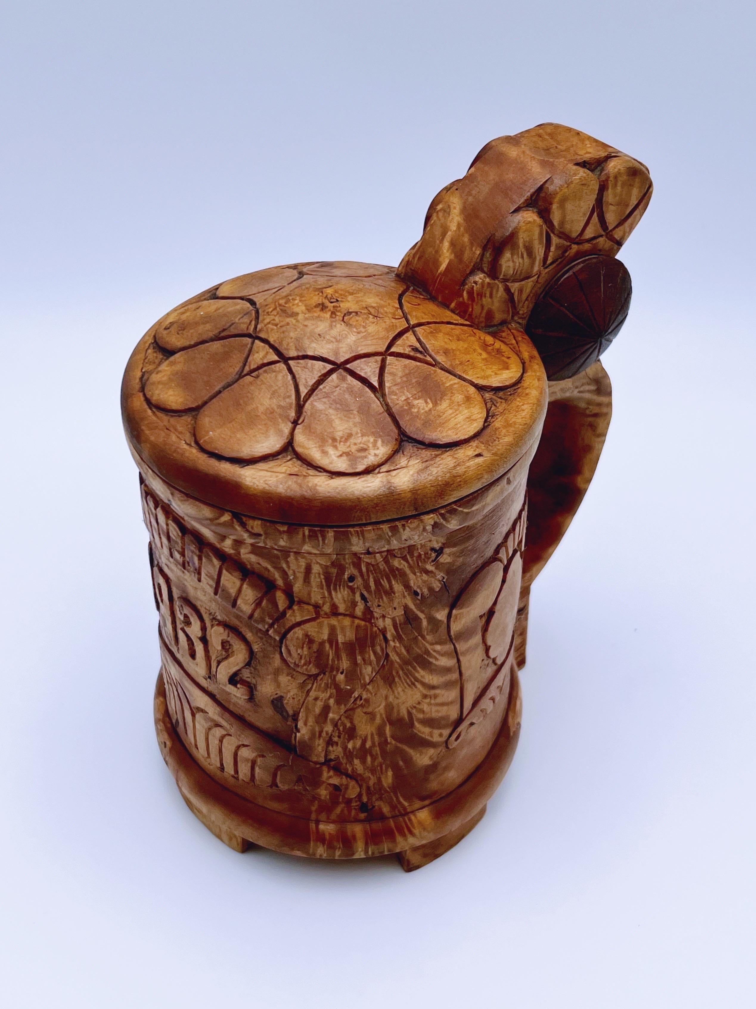 Dated 1932 Norwegian hand-crafted birch wood  jug / tankard, Baroque style For Sale 2