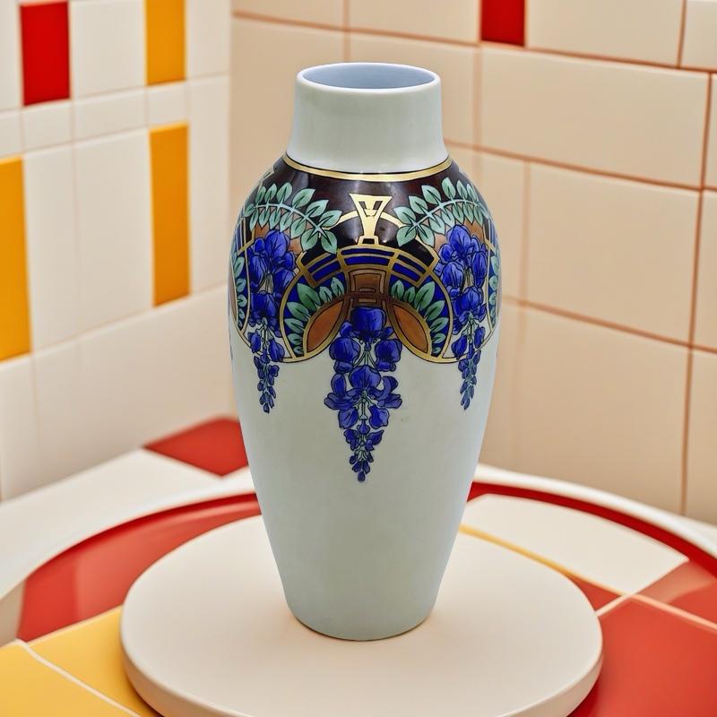 **Vase urne ancien en porcelaine - motifs floraux et dorés peints à la main, début des années 1900**.  

Ce superbe vase urne en porcelaine du début des années 1900 est un véritable bijou, mêlant les styles Arts & Crafts et Art nouveau tardif. Son