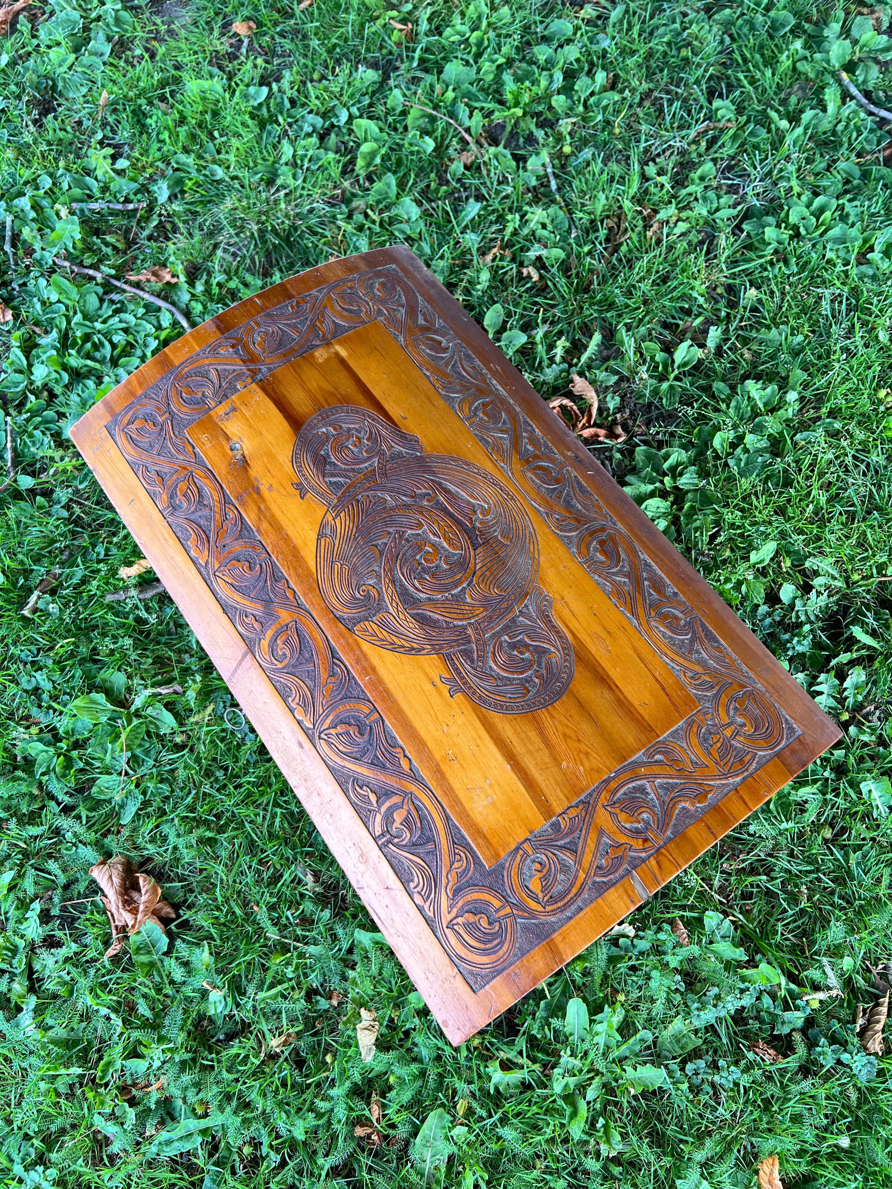 Brass Dated 1942 Handcrafted Nature Pine Trunk by Magnus Dagestad(1865-1957), Norway For Sale